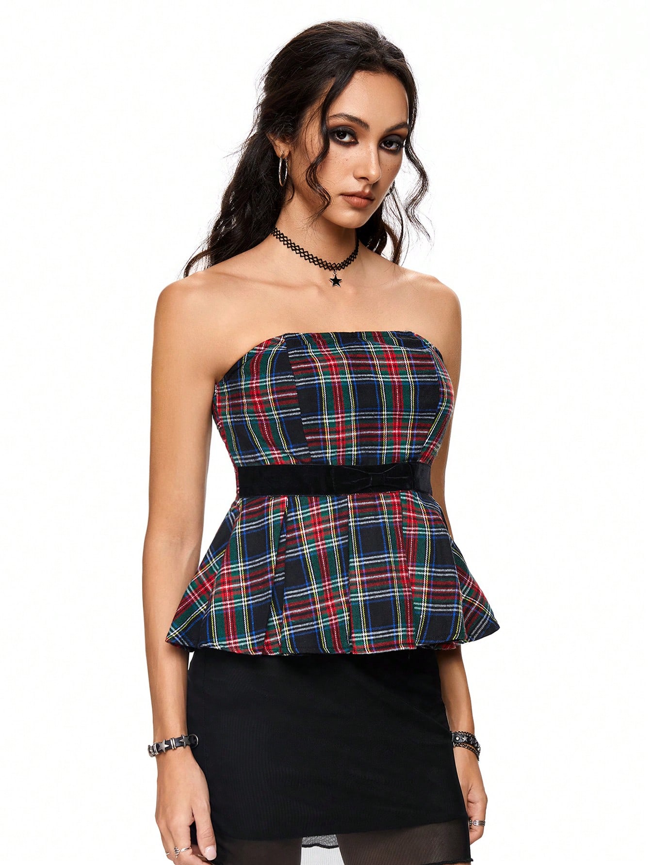Academia College Style Plaid Ribbon Bow Tie Top With Pleated Hem For Women, School