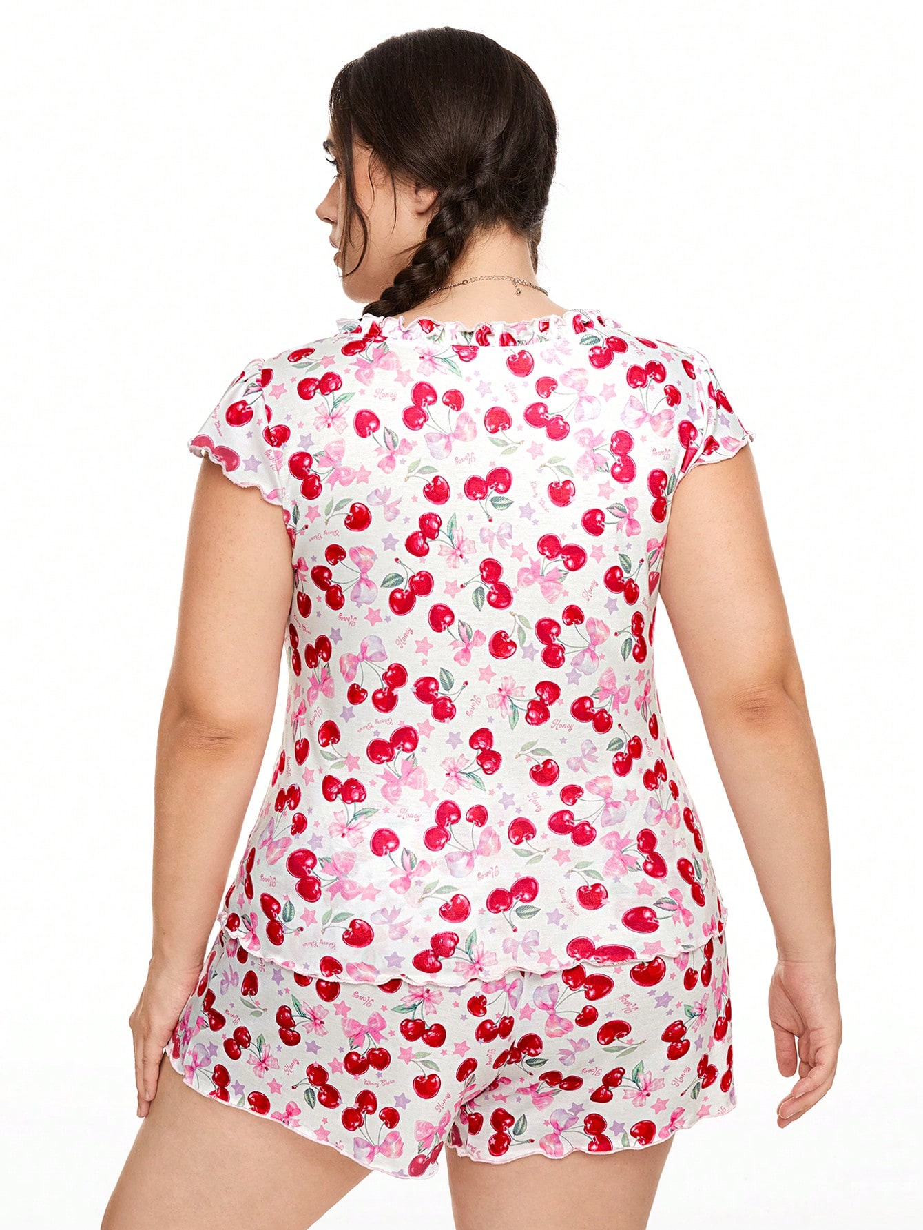 Kawaii Romantic Cherry Butterfly Floral Plus Size Short Sleeve Pyjamas Set With Ruffled Edge