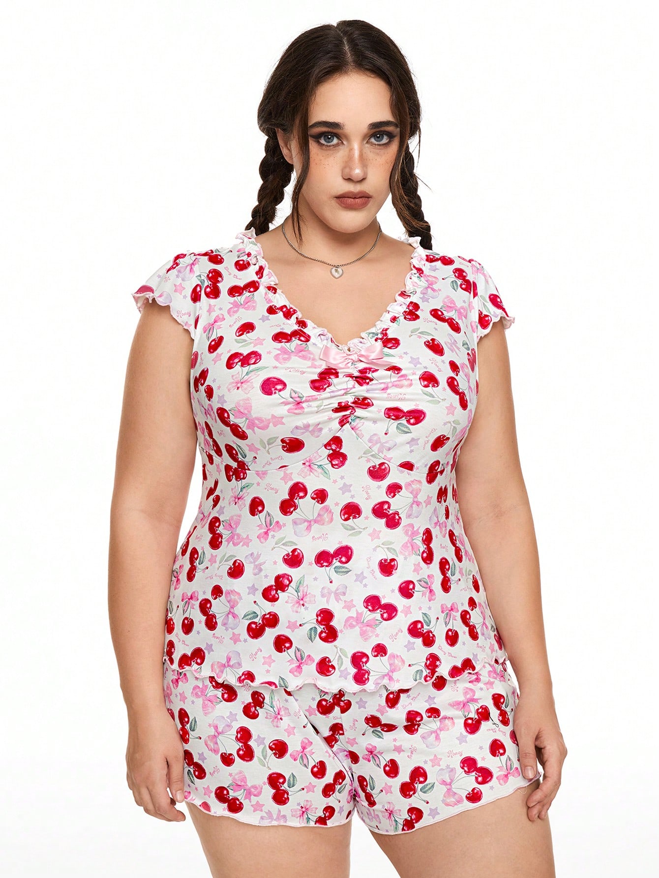 Kawaii Romantic Cherry Butterfly Floral Plus Size Short Sleeve Pyjamas Set With Ruffled Edge