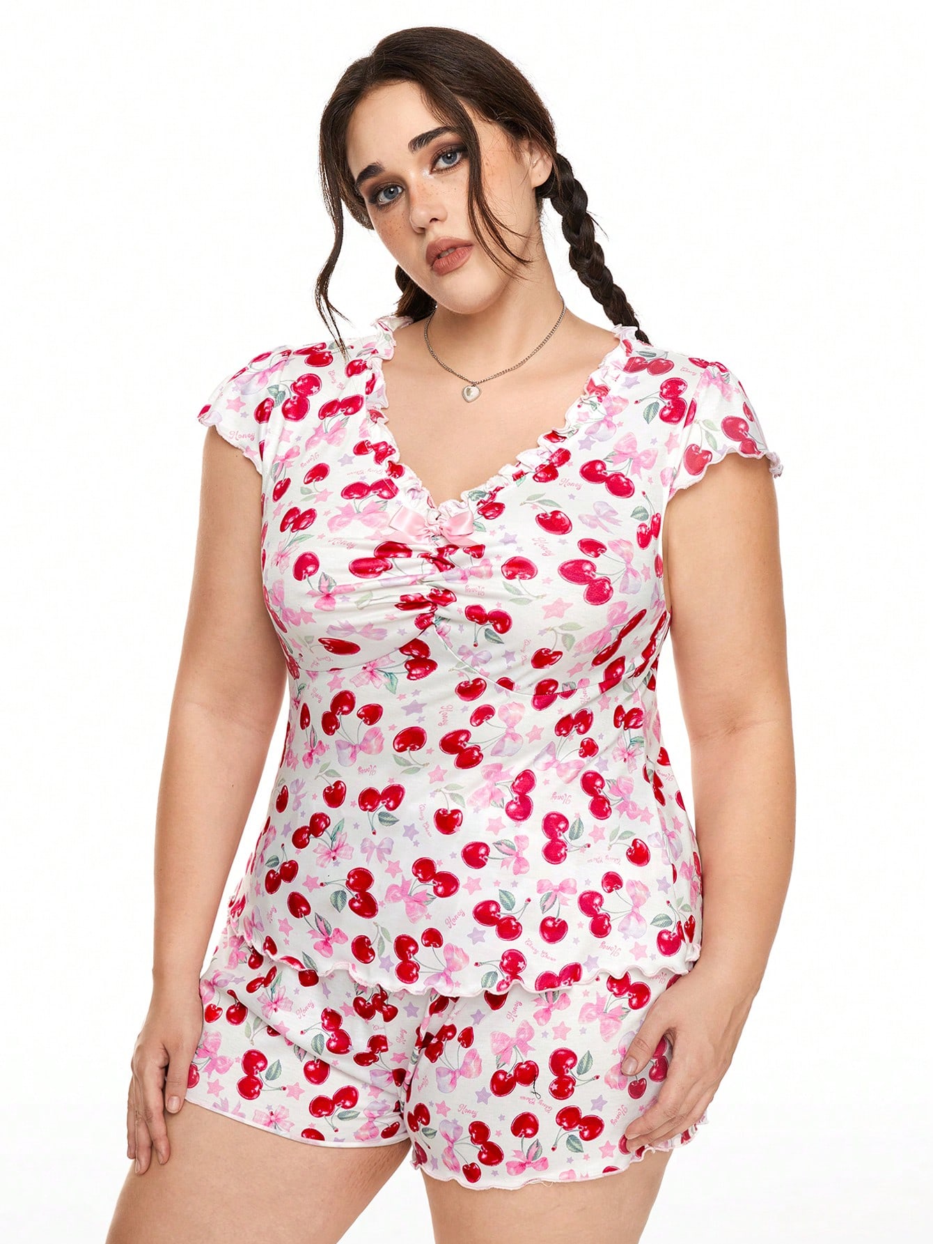 Kawaii Romantic Cherry Butterfly Floral Plus Size Short Sleeve Pyjamas Set With Ruffled Edge