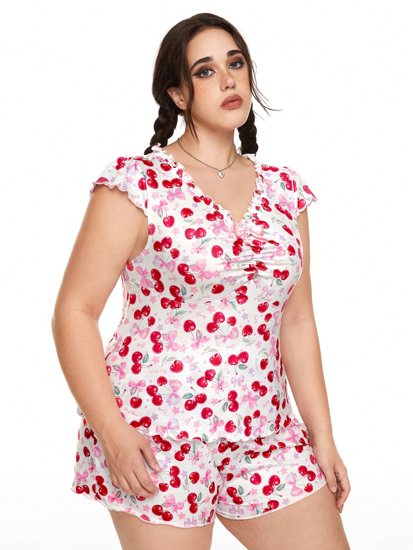 Kawaii Romantic Cherry Butterfly Floral Plus Size Short Sleeve Pyjamas Set With Ruffled Edge