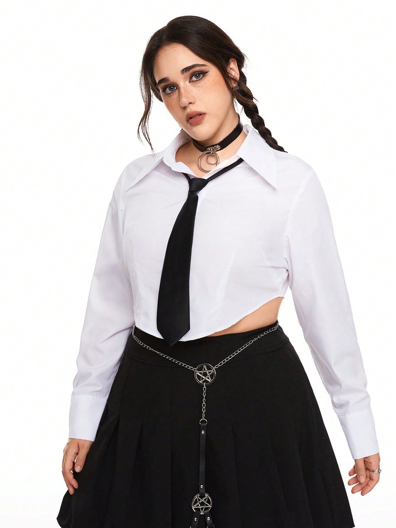 Academia Simple And Sexy Long-Sleeved Tie Collar Shirt With Button-Front And Solid Color Fit, Plus Size, Great For Commuting