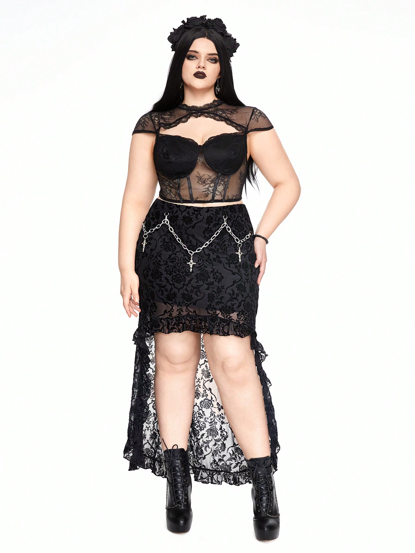 Goth Vintage Gothic Court Style Asymmetrical Hem Skirt With Ruffles, Flowers, Plants, Flocked And Plus Size