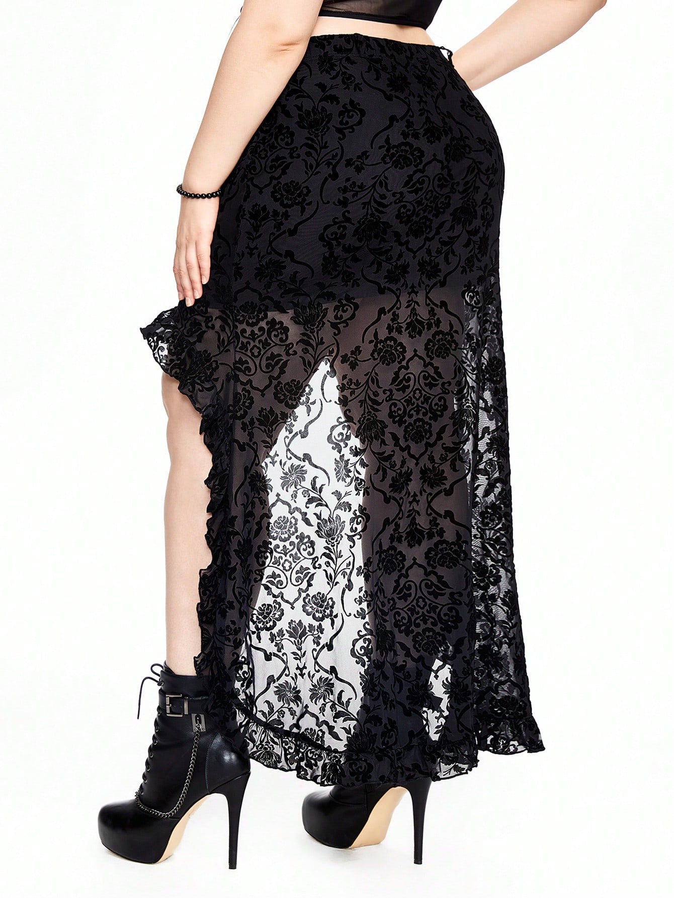 Goth Vintage Gothic Court Style Asymmetrical Hem Skirt With Ruffles, Flowers, Plants, Flocked And Plus Size