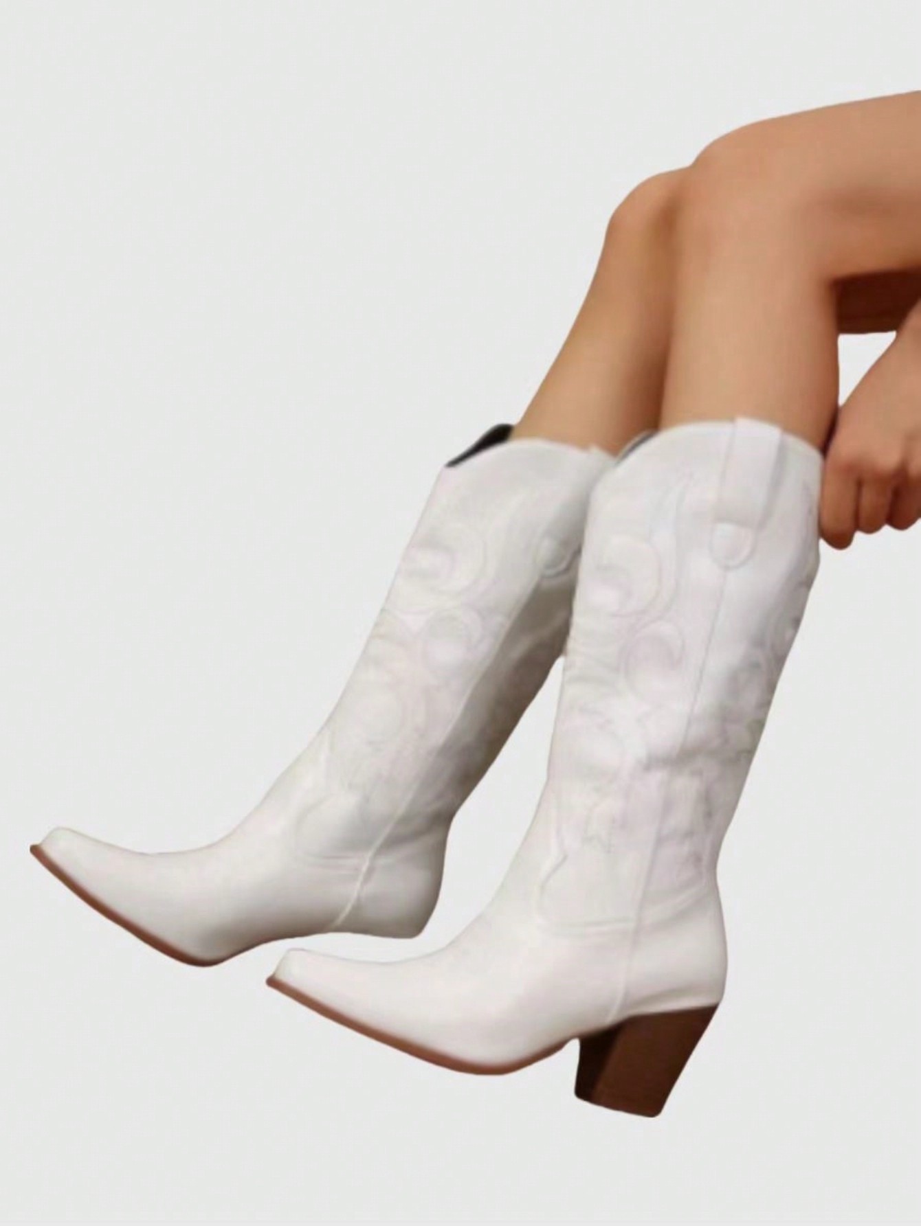 Fairycore Women 2024 New Spring Autumn Fashionable White Western-Style Mid-Calf Boots Cowboy Boots With Embroidered Details For Outdoor Activities
