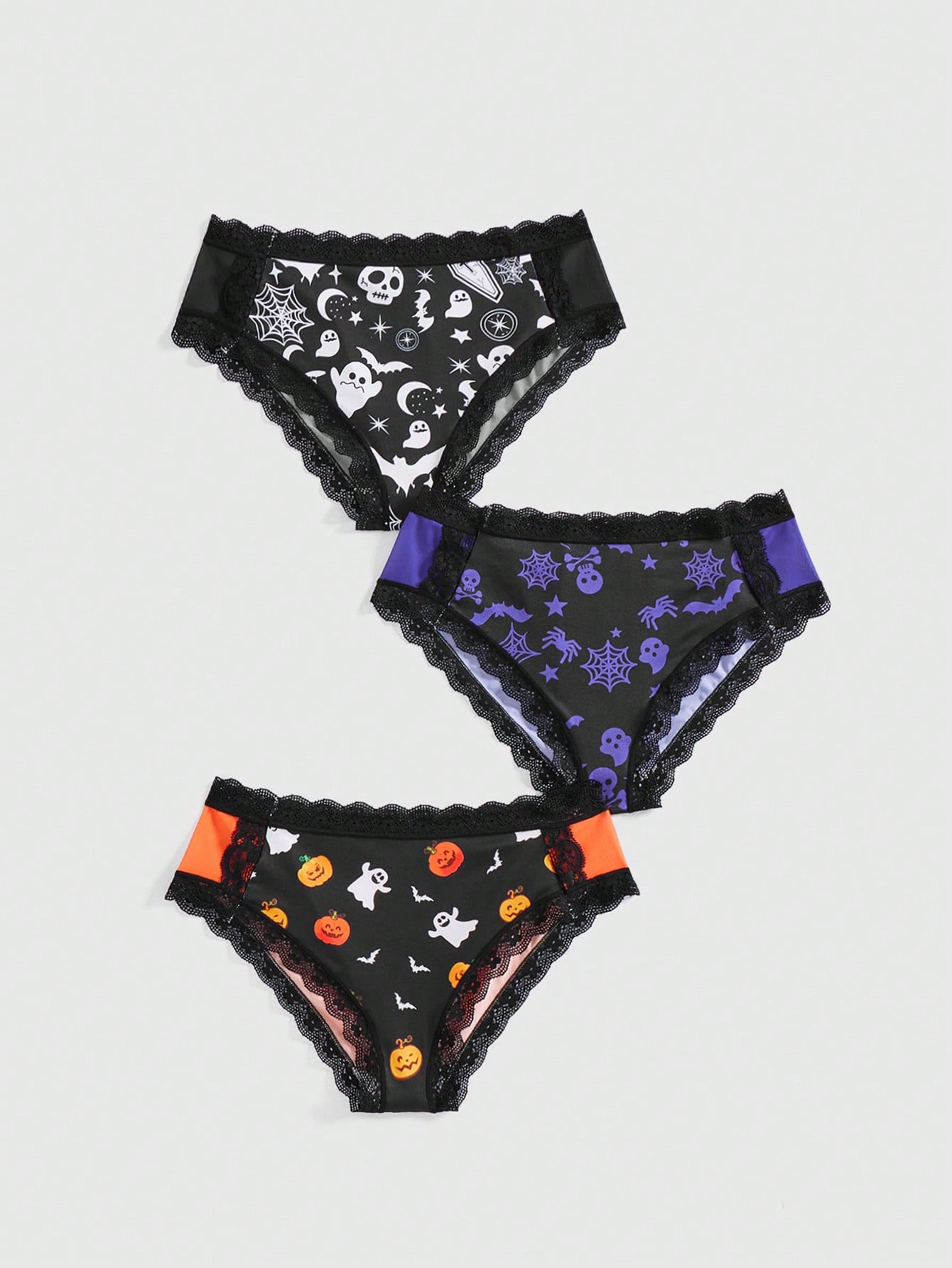 3pcs/Pack Dark Halloween Pumpkin Skull Spider Web Ghost Bat Allover Print Lace Patchwork Contrasting Color Thong Panties