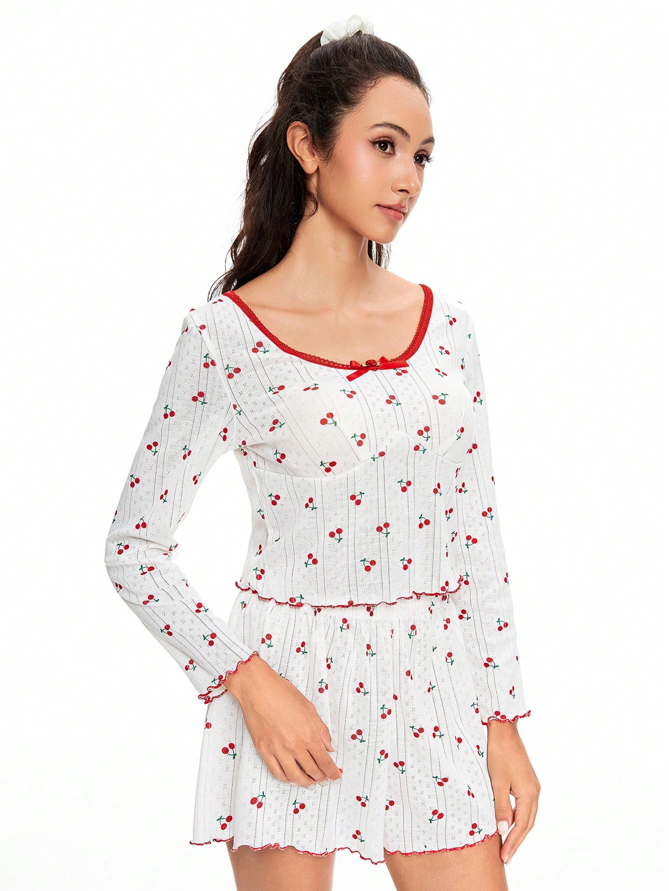 Kawaii Ladies' Striped Hollow Floral Print Cherry Ruffle & Bow Long Sleeve Pajama Set
