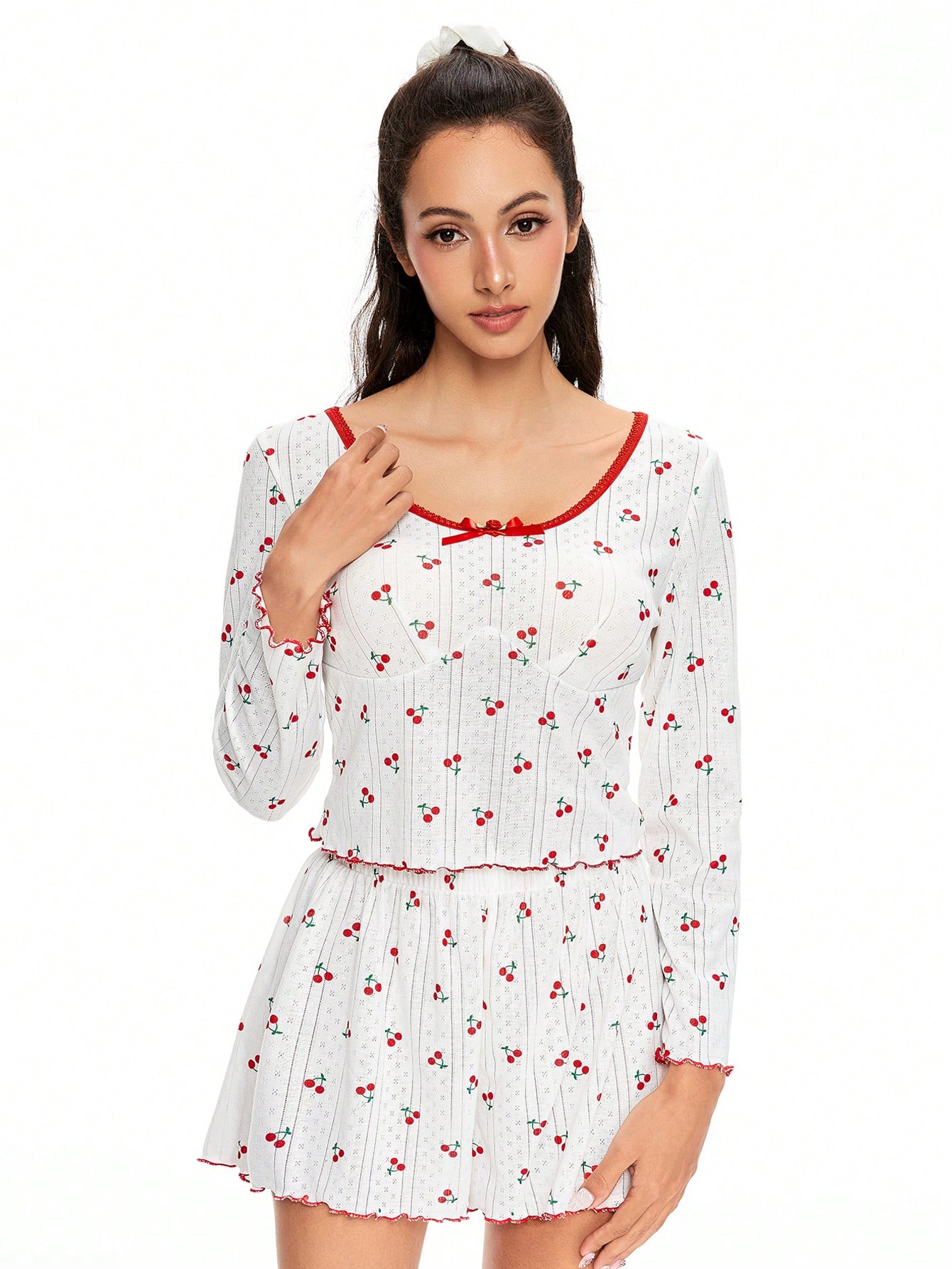 Kawaii Ladies' Striped Hollow Floral Print Cherry Ruffle & Bow Long Sleeve Pajama Set