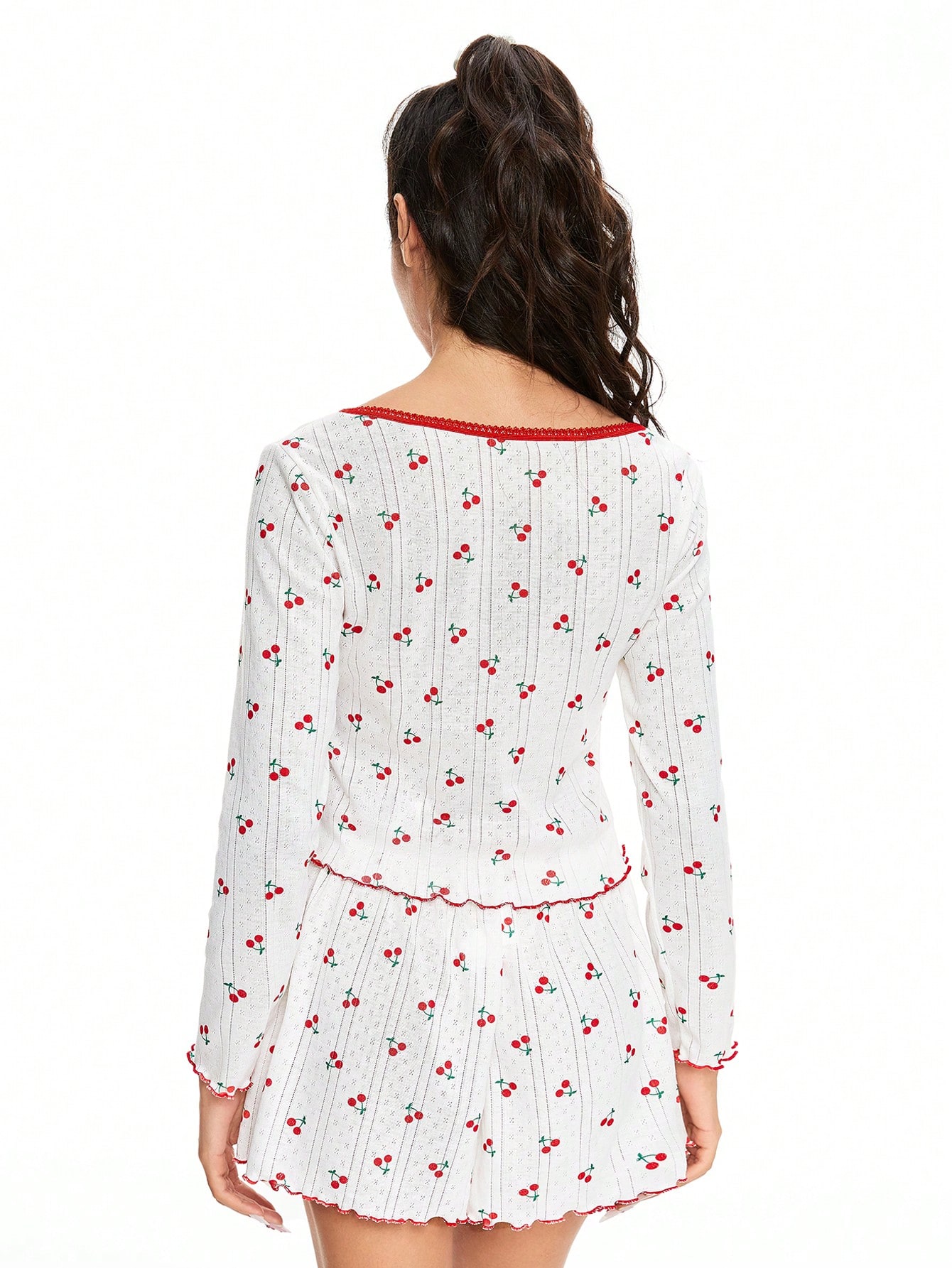 Kawaii Ladies' Striped Hollow Floral Print Cherry Ruffle & Bow Long Sleeve Pajama Set