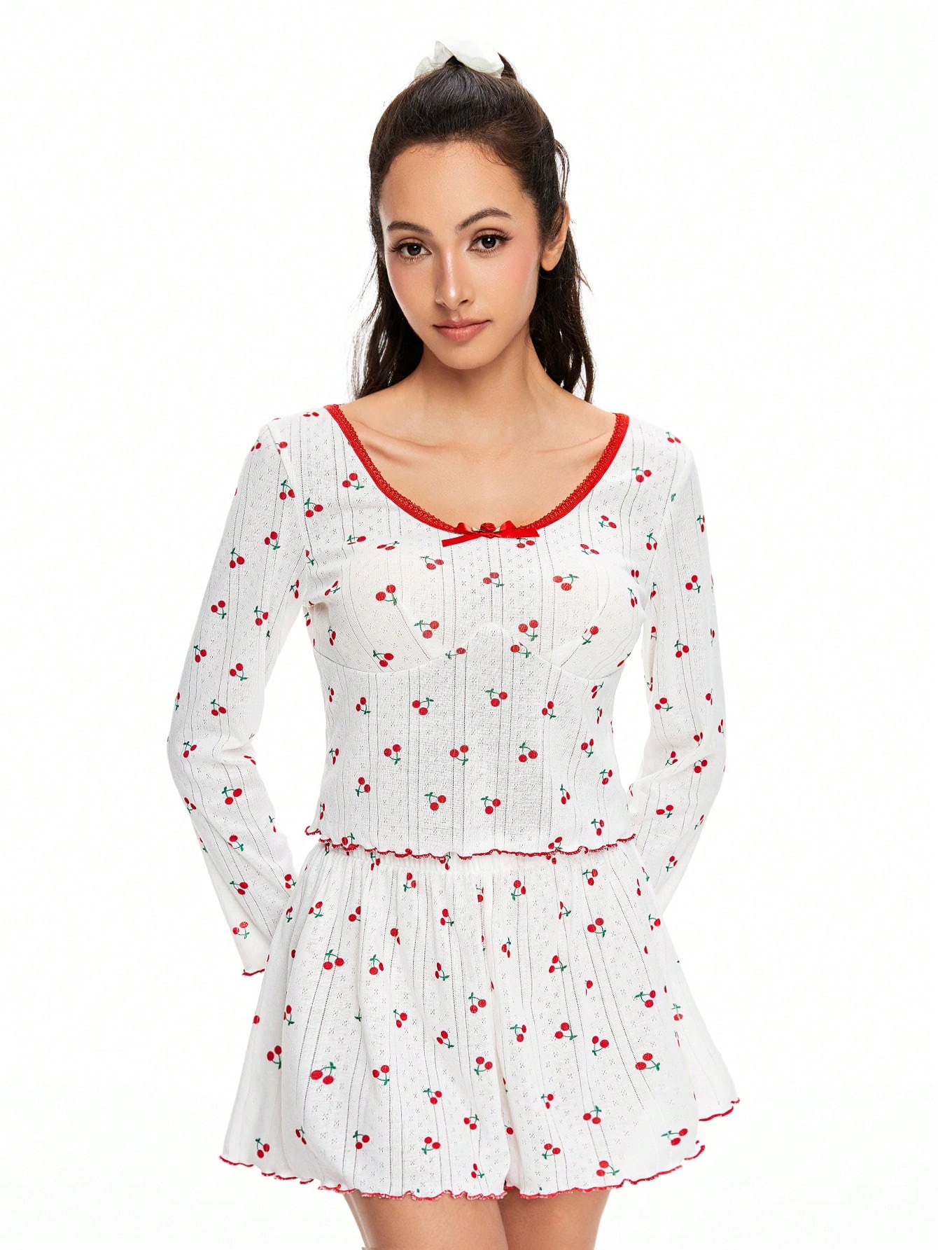 Kawaii Ladies' Striped Hollow Floral Print Cherry Ruffle & Bow Long Sleeve Pajama Set