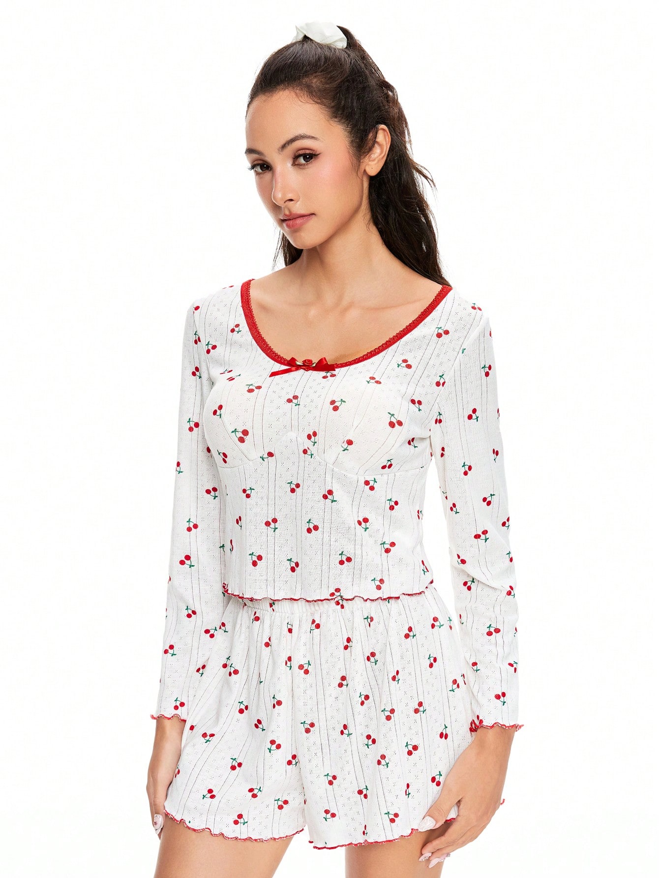 Kawaii Ladies' Striped Hollow Floral Print Cherry Ruffle & Bow Long Sleeve Pajama Set