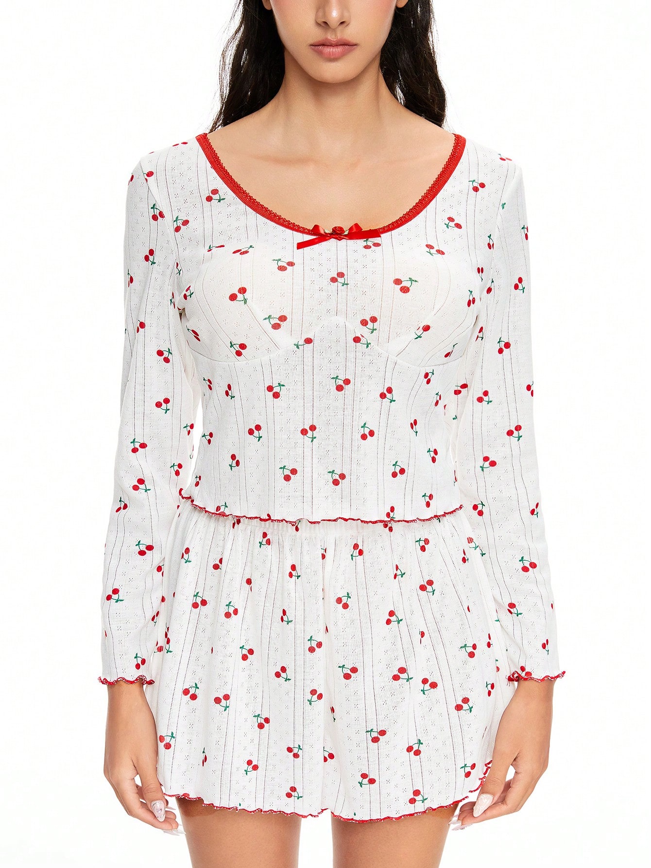 Kawaii Ladies' Striped Hollow Floral Print Cherry Ruffle & Bow Long Sleeve Pajama Set