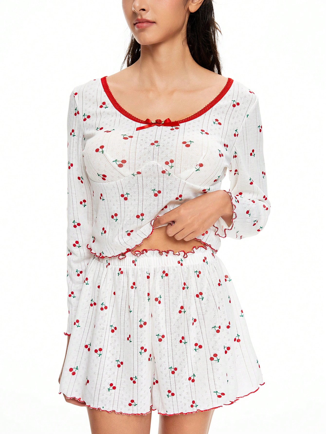 Kawaii Ladies' Striped Hollow Floral Print Cherry Ruffle & Bow Long Sleeve Pajama Set