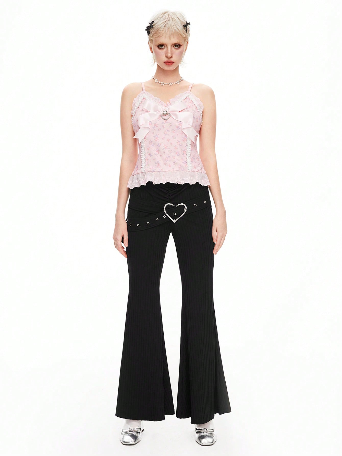 Kawaii Y2K Heart Rhinestone Decor Low Waist Flare Leg Women Pants