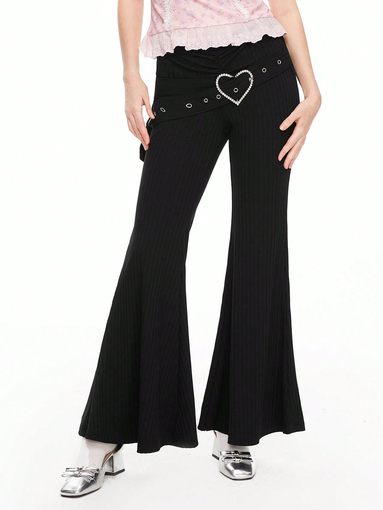 Kawaii Y2K Heart Rhinestone Decor Low Waist Flare Leg Women Pants