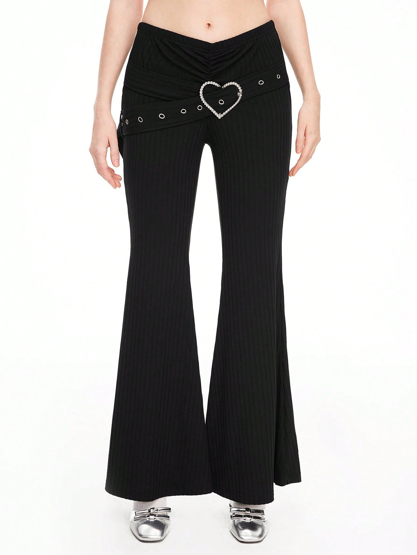Kawaii Y2K Heart Rhinestone Decor Low Waist Flare Leg Women Pants