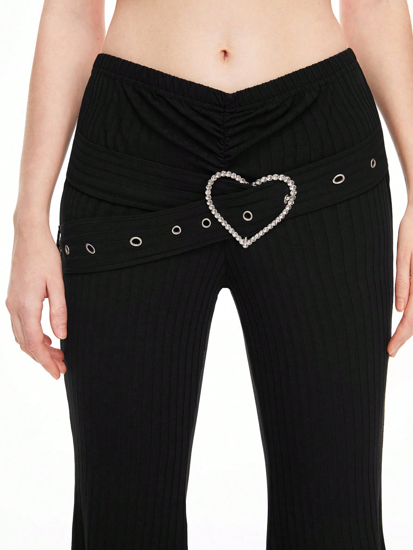 Kawaii Y2K Heart Rhinestone Decor Low Waist Flare Leg Women Pants