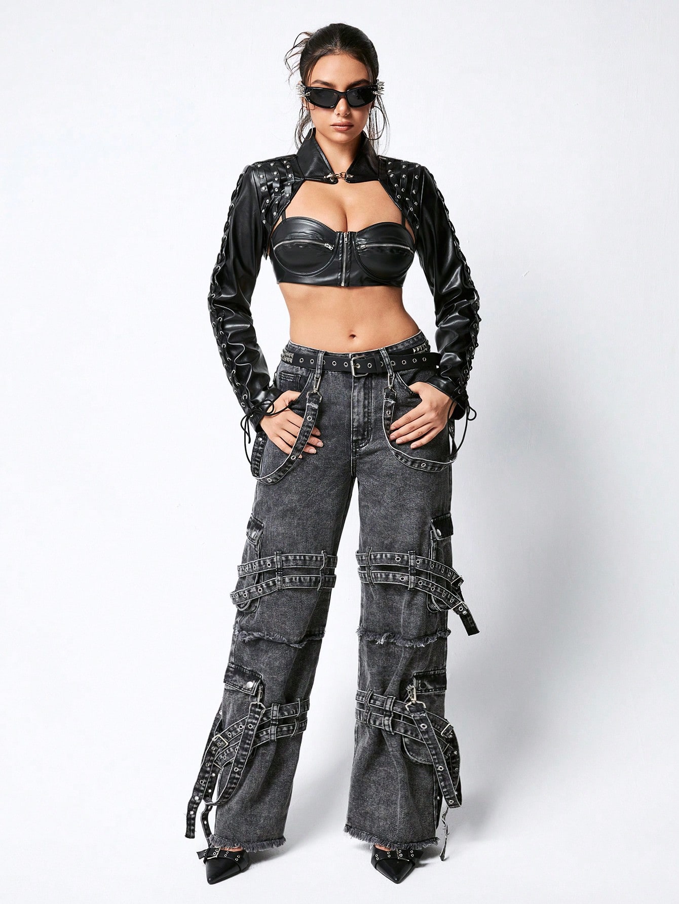 Grunge Punk Rivet Studded, Strap Designed Asymmetrical PU Leather Jacket