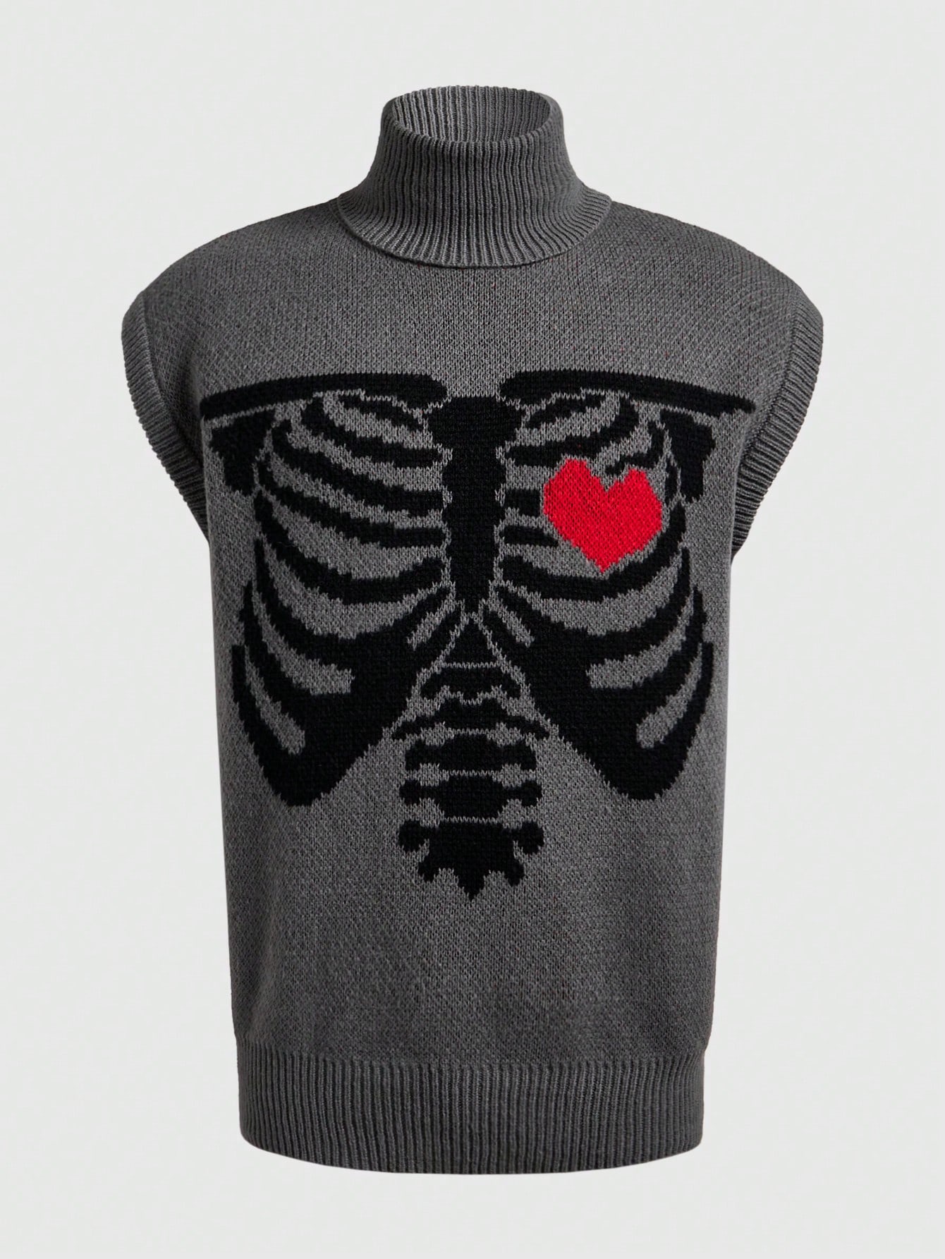 Street Life Men's Skeleton Heart Print Turtleneck Sleeveless Sweater