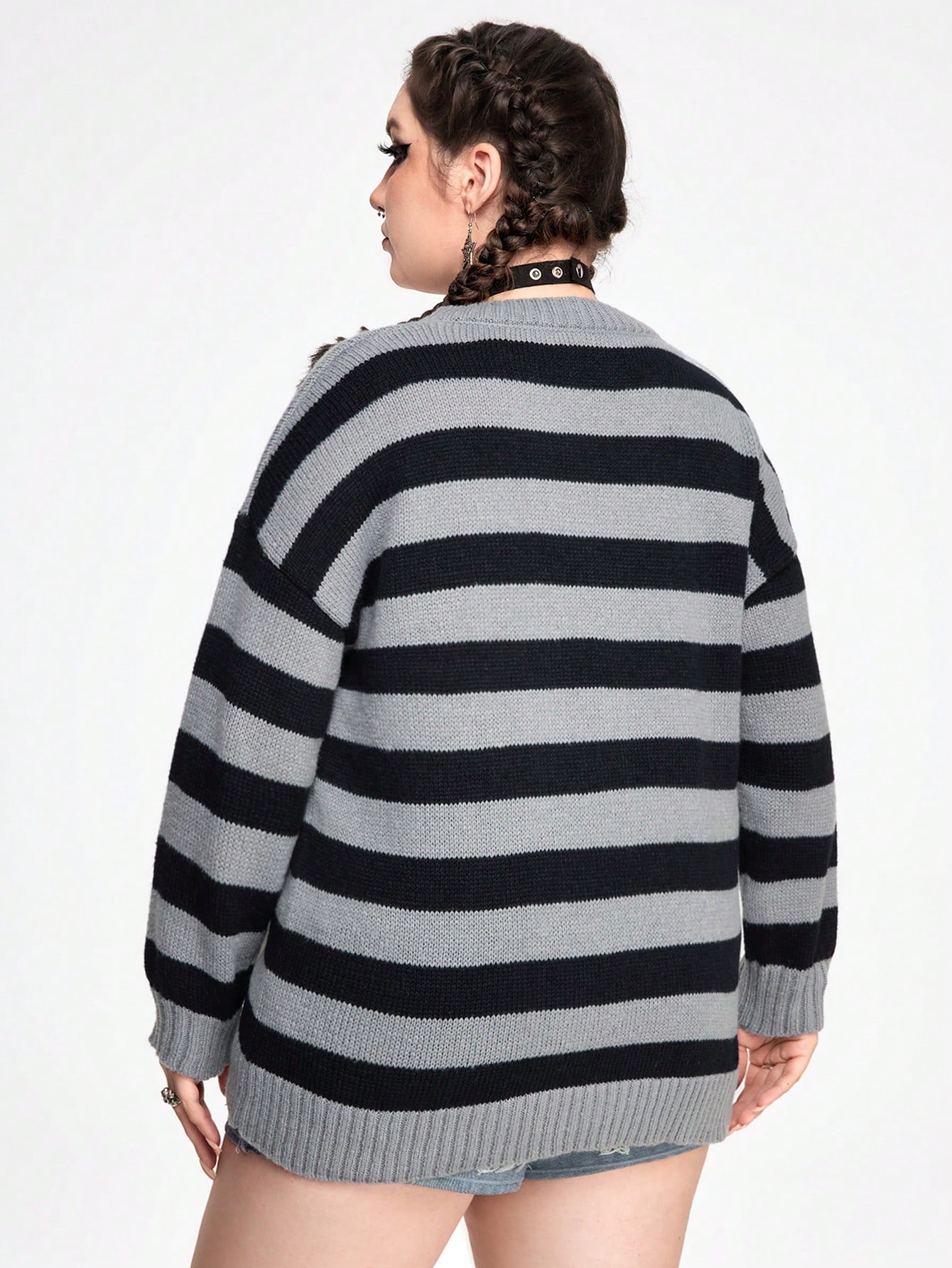 Academia Vintage College Style Striped Loose Turtleneck Elastic Plus Size Sweater