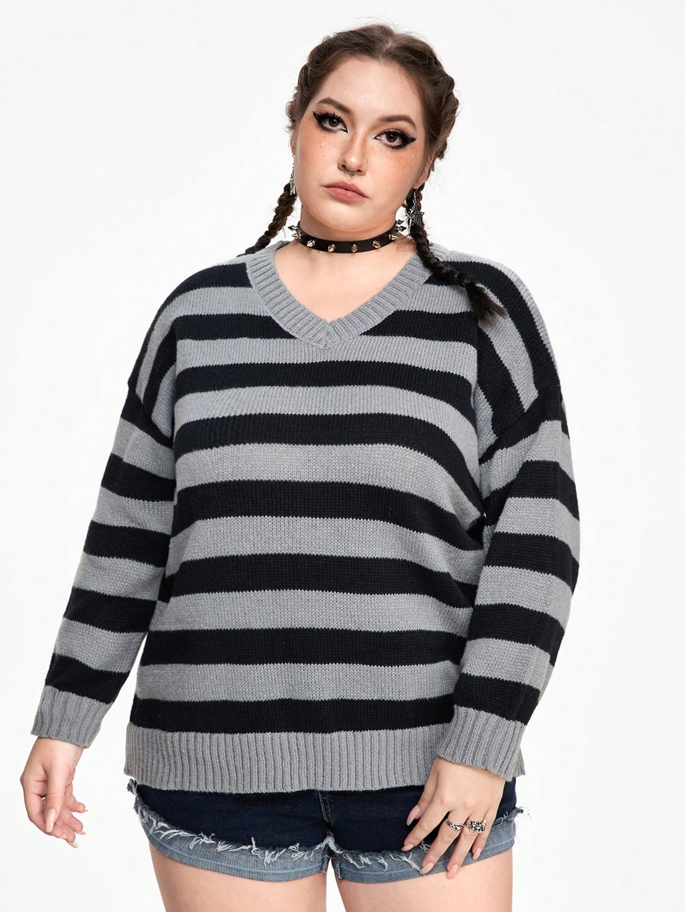 Academia Vintage College Style Striped Loose Turtleneck Elastic Plus Size Sweater