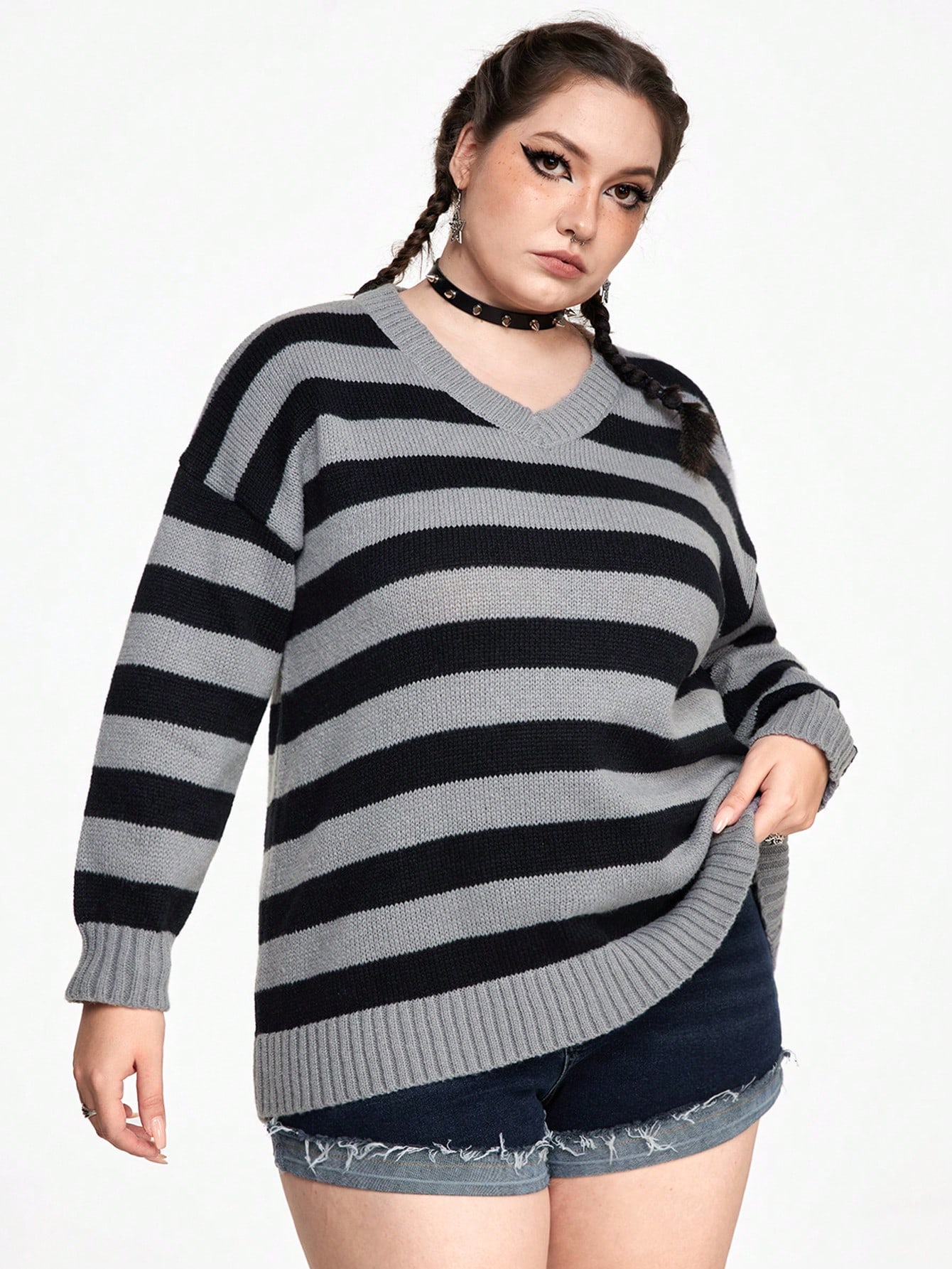 Academia Vintage College Style Striped Loose Turtleneck Elastic Plus Size Sweater