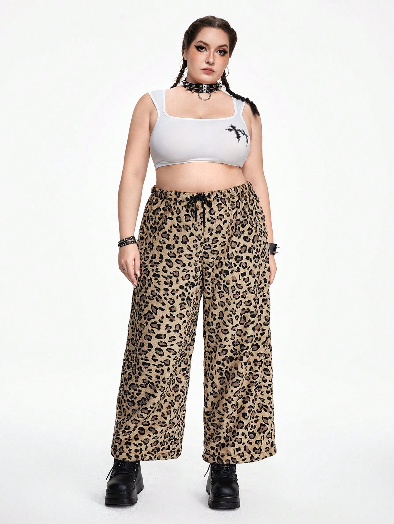 Kawaii Vintage Casual Loose Leopard Print Fleece Pants, Plus Size