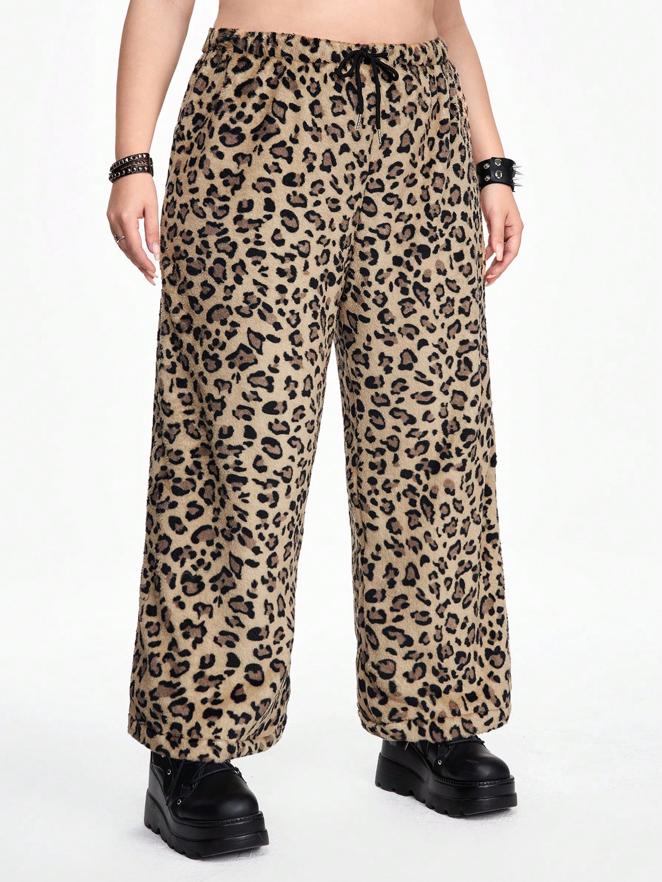 Kawaii Vintage Casual Loose Leopard Print Fleece Pants, Plus Size