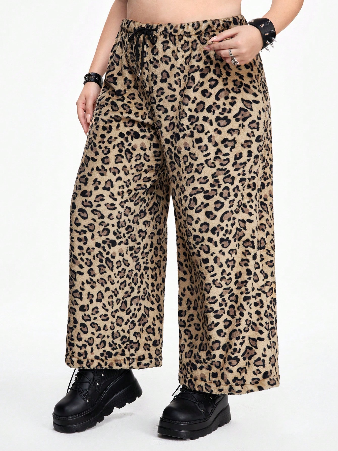 Kawaii Vintage Casual Loose Leopard Print Fleece Pants, Plus Size