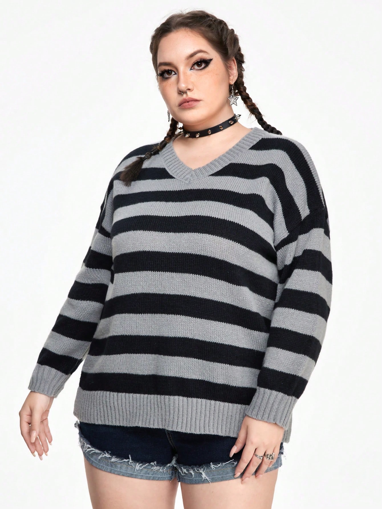 Academia Vintage College Style Striped Loose Turtleneck Elastic Plus Size Sweater
