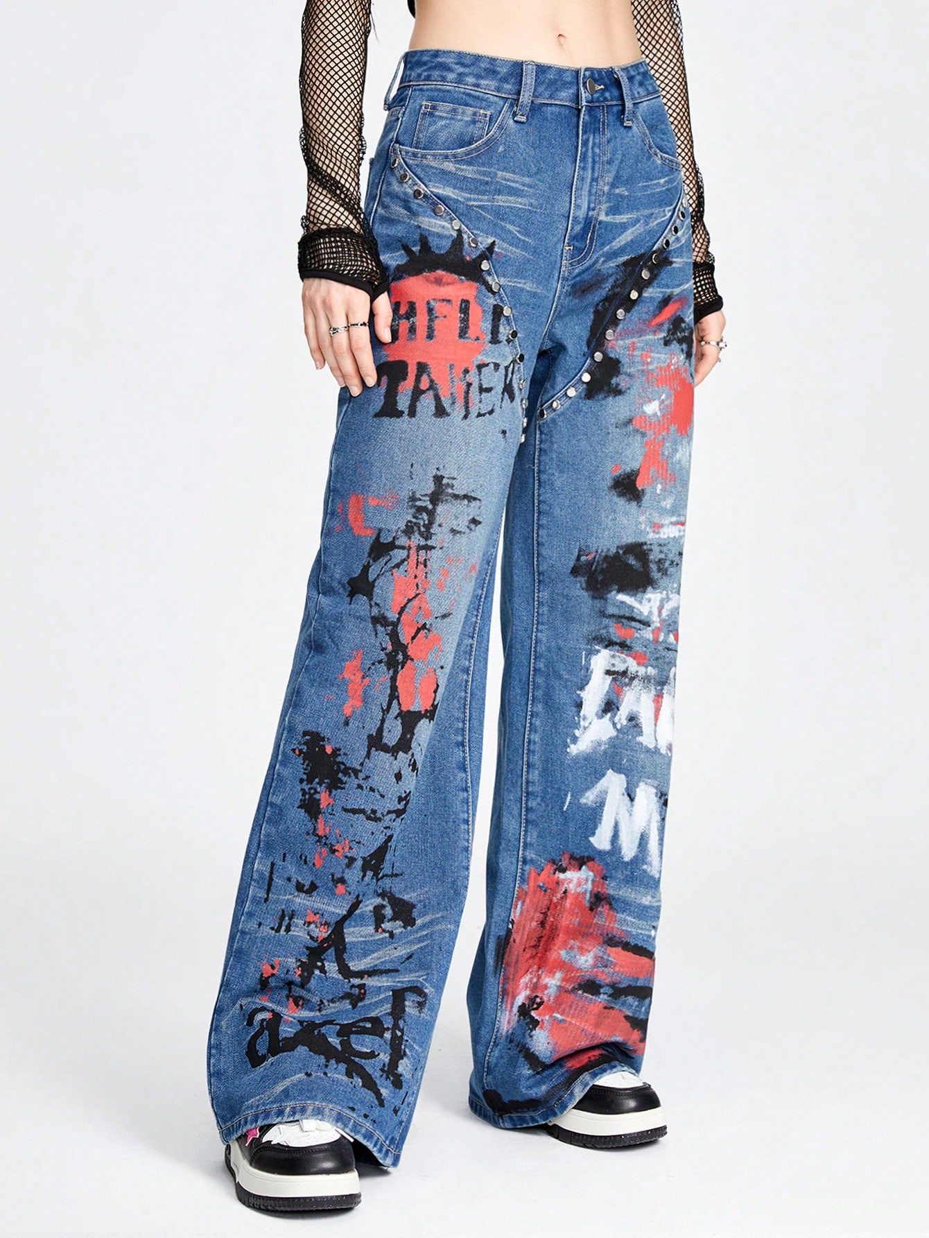 Grunge Punk Women's Casual Streetwear Skull & Metal Stud Letter Print Loose Straight Leg Jeans