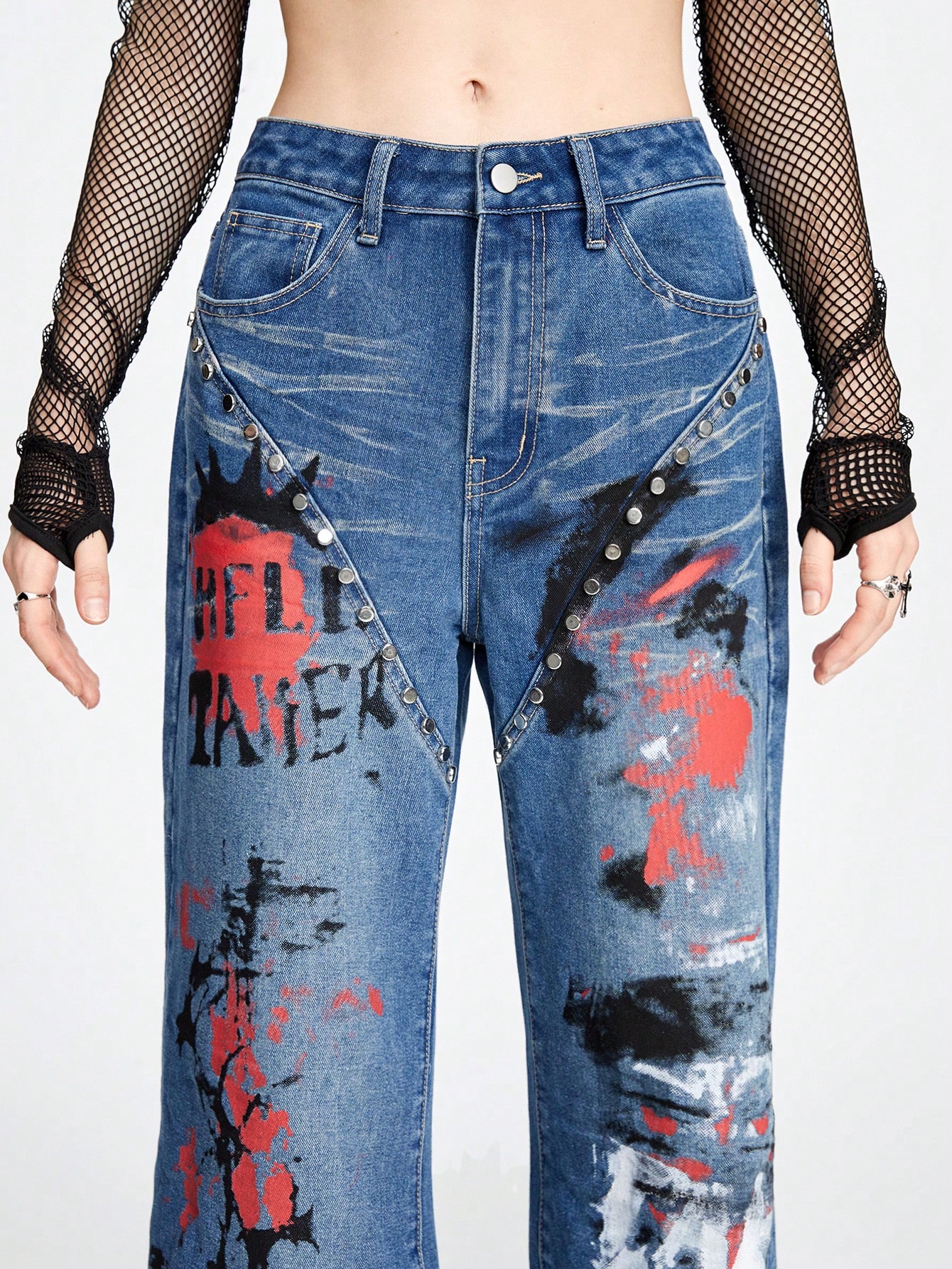 Grunge Punk Women's Casual Streetwear Skull & Metal Stud Letter Print Loose Straight Leg Jeans