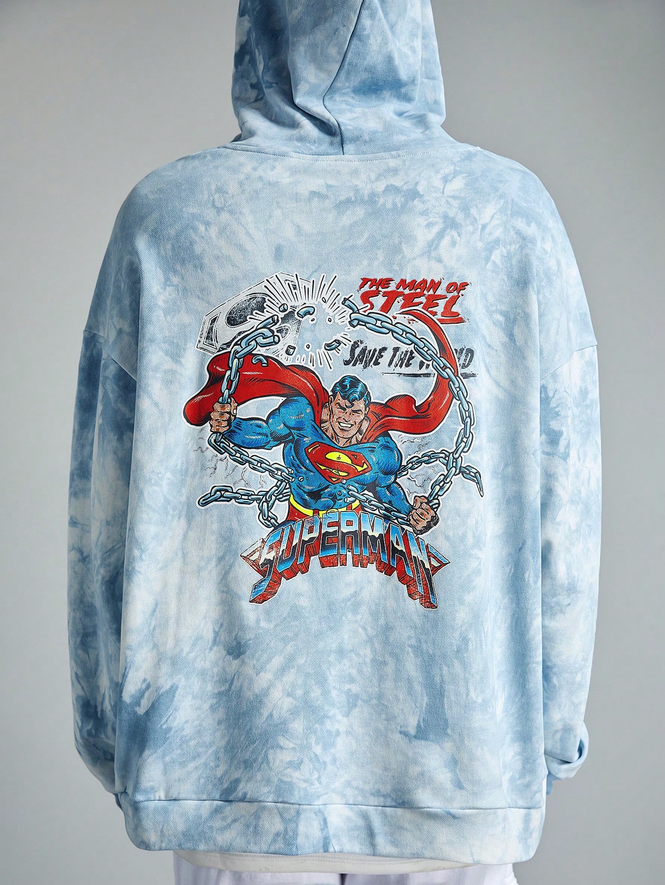SUPERMAN X ROMWE Men's Anime Hero And Letter Print Tie-Dye Drop Shoulder Loose Hooded Sweatshirt Spring And Autumn
