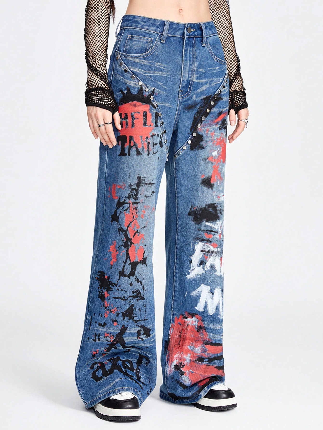 Grunge Punk Women's Casual Streetwear Skull & Metal Stud Letter Print Loose Straight Leg Jeans