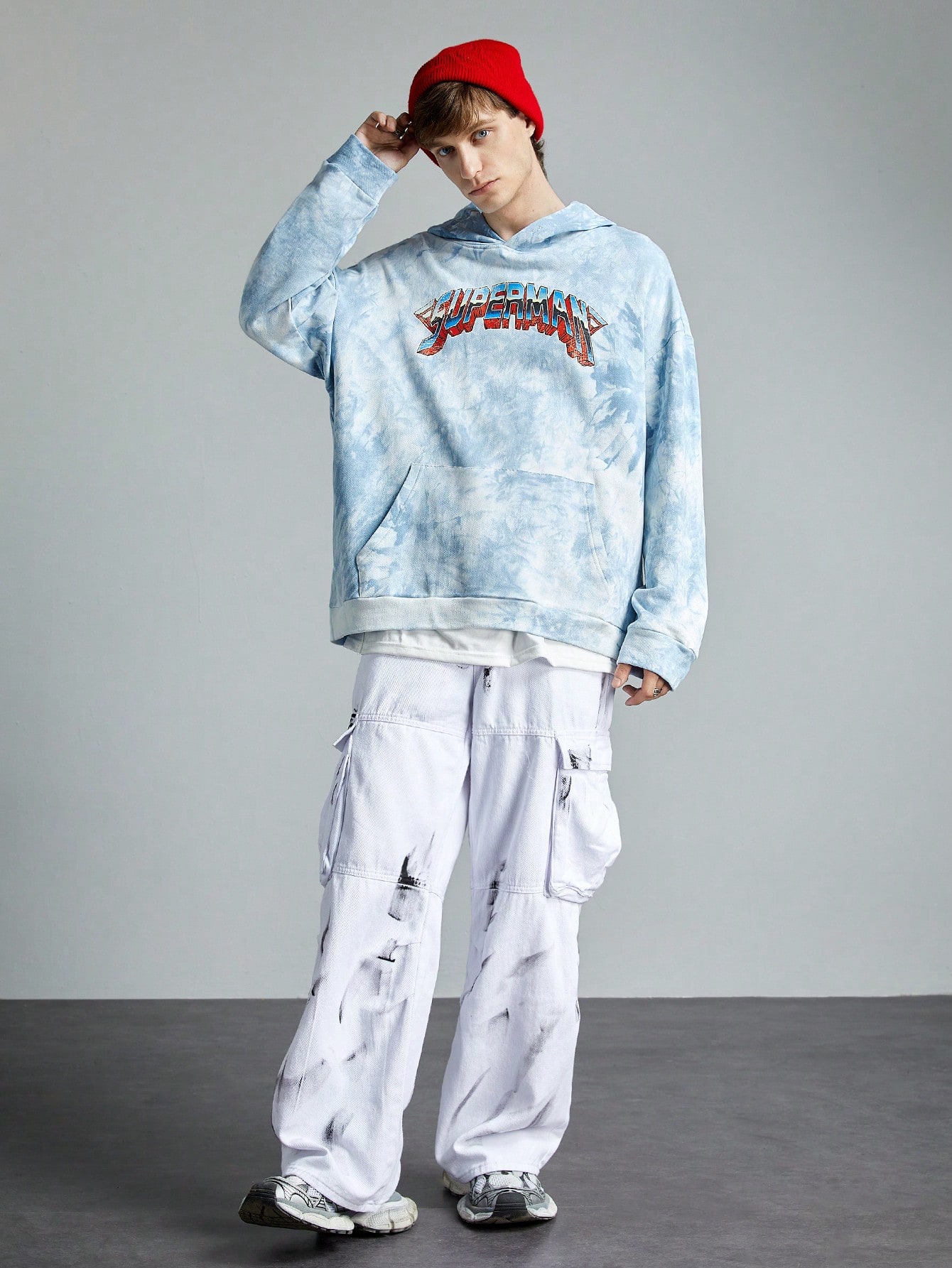 SUPERMAN X ROMWE Men's Anime Hero And Letter Print Tie-Dye Drop Shoulder Loose Hooded Sweatshirt Spring And Autumn