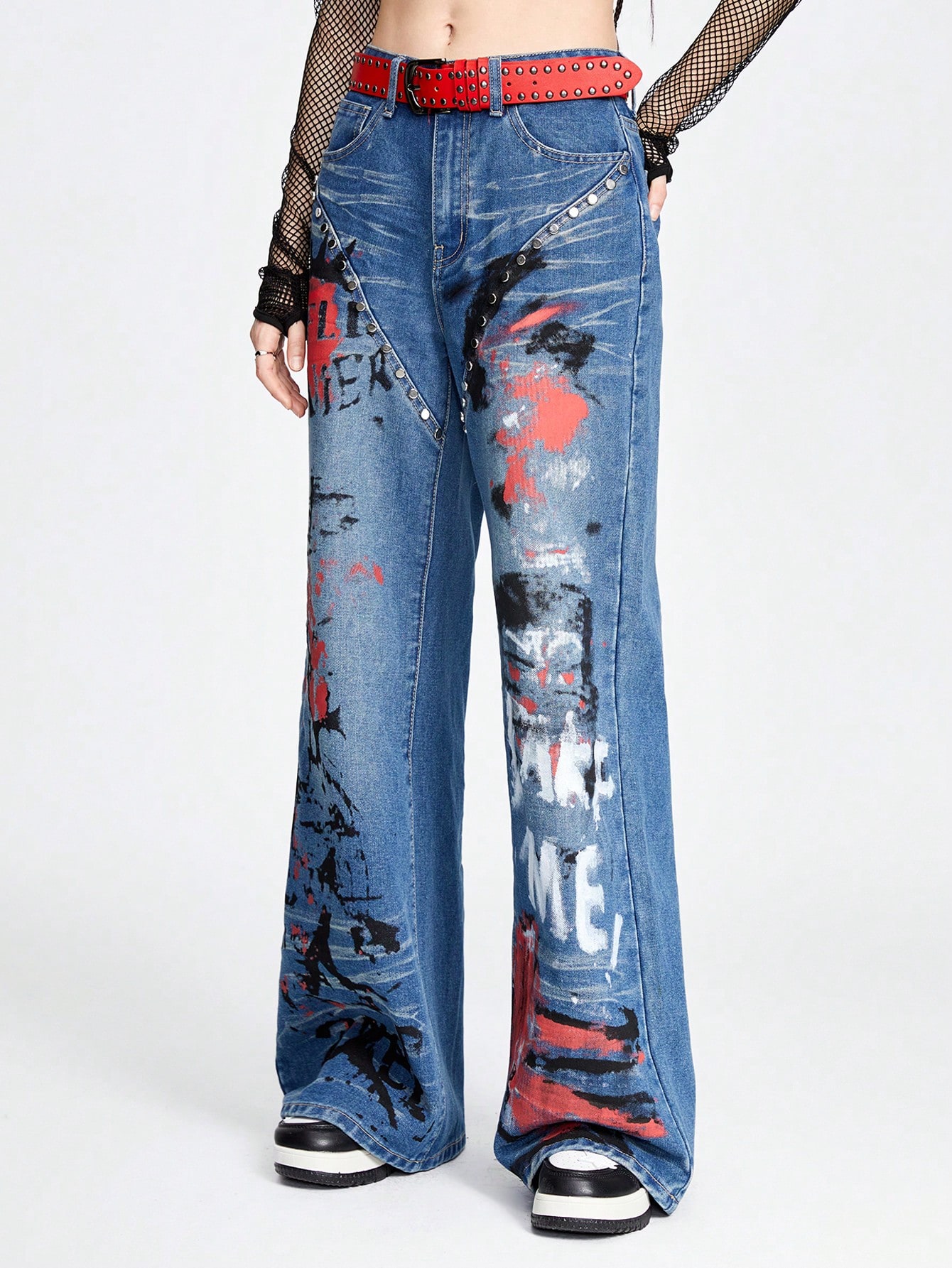 Grunge Punk Women's Casual Streetwear Skull & Metal Stud Letter Print Loose Straight Leg Jeans