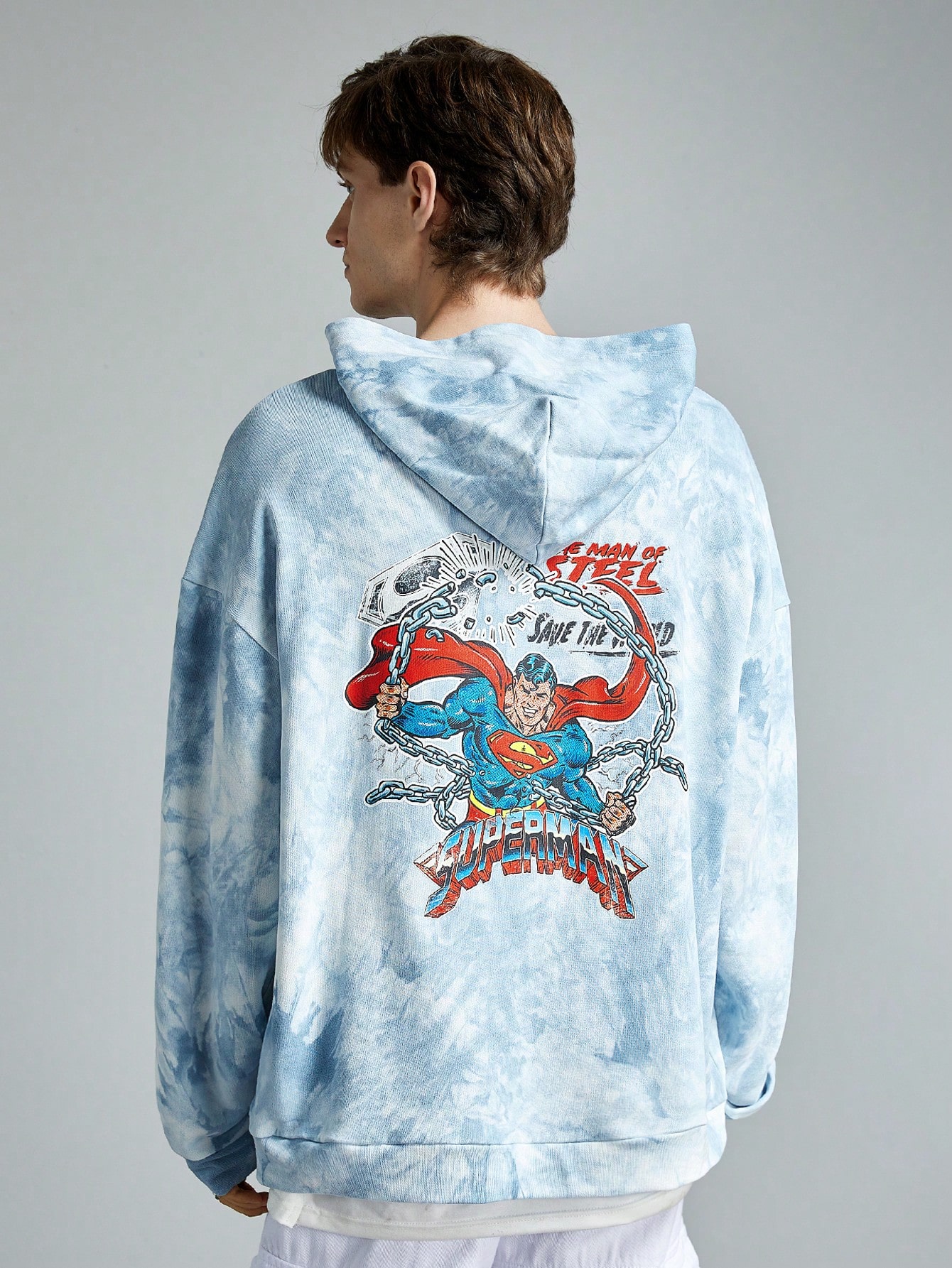 SUPERMAN X ROMWE Men's Anime Hero And Letter Print Tie-Dye Drop Shoulder Loose Hooded Sweatshirt Spring And Autumn