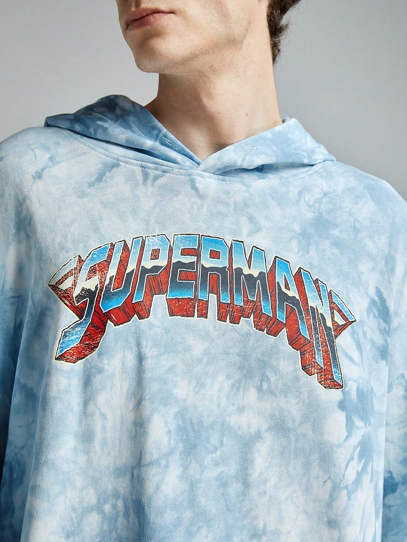 SUPERMAN X ROMWE Men's Anime Hero And Letter Print Tie-Dye Drop Shoulder Loose Hooded Sweatshirt Spring And Autumn