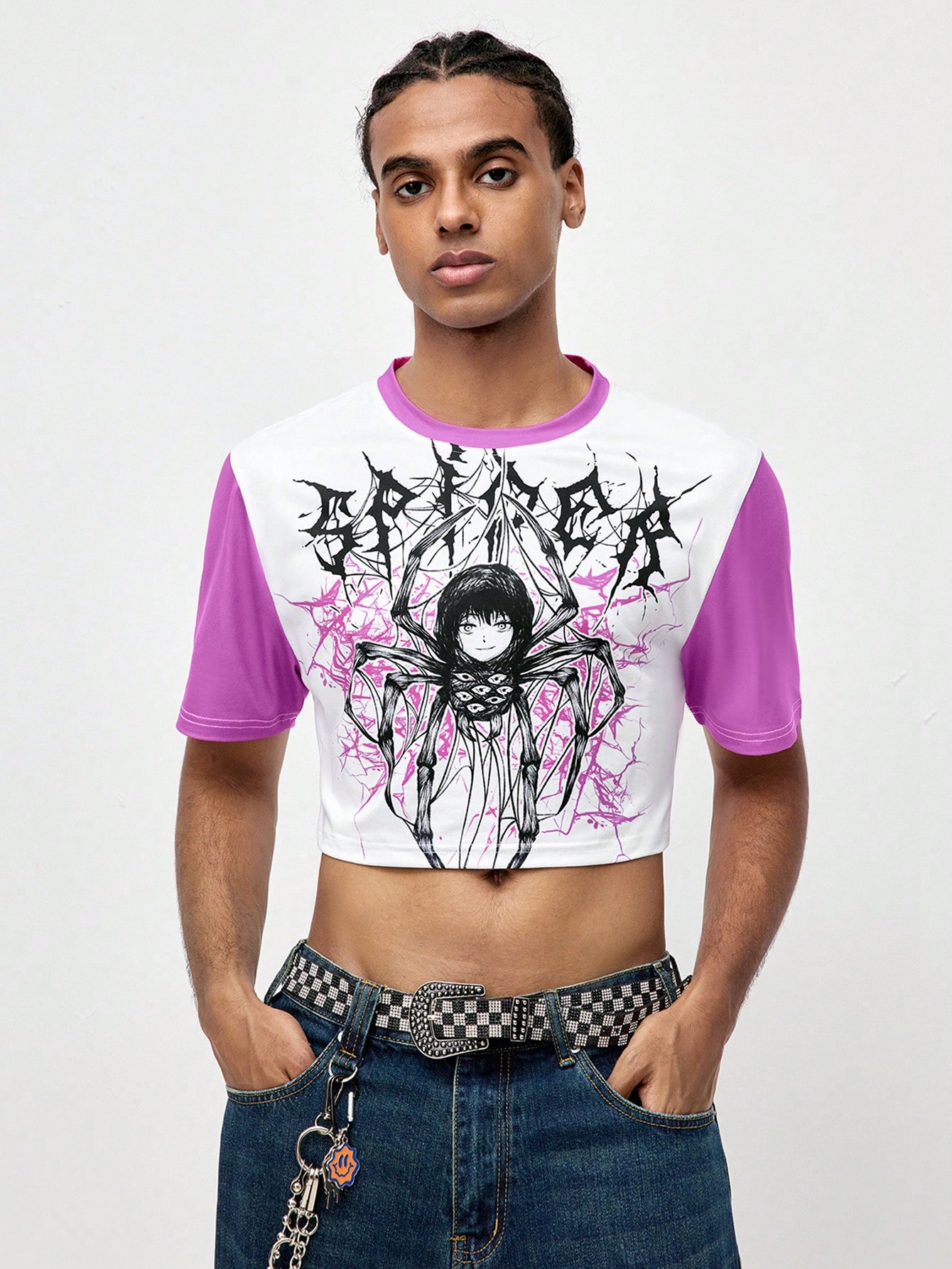 ROMWE Avant Men's Summer Letter & Cartoon Character Printed Contrast Color Crew Neck Short Sleeve Cropped Casual T-Shirt, School