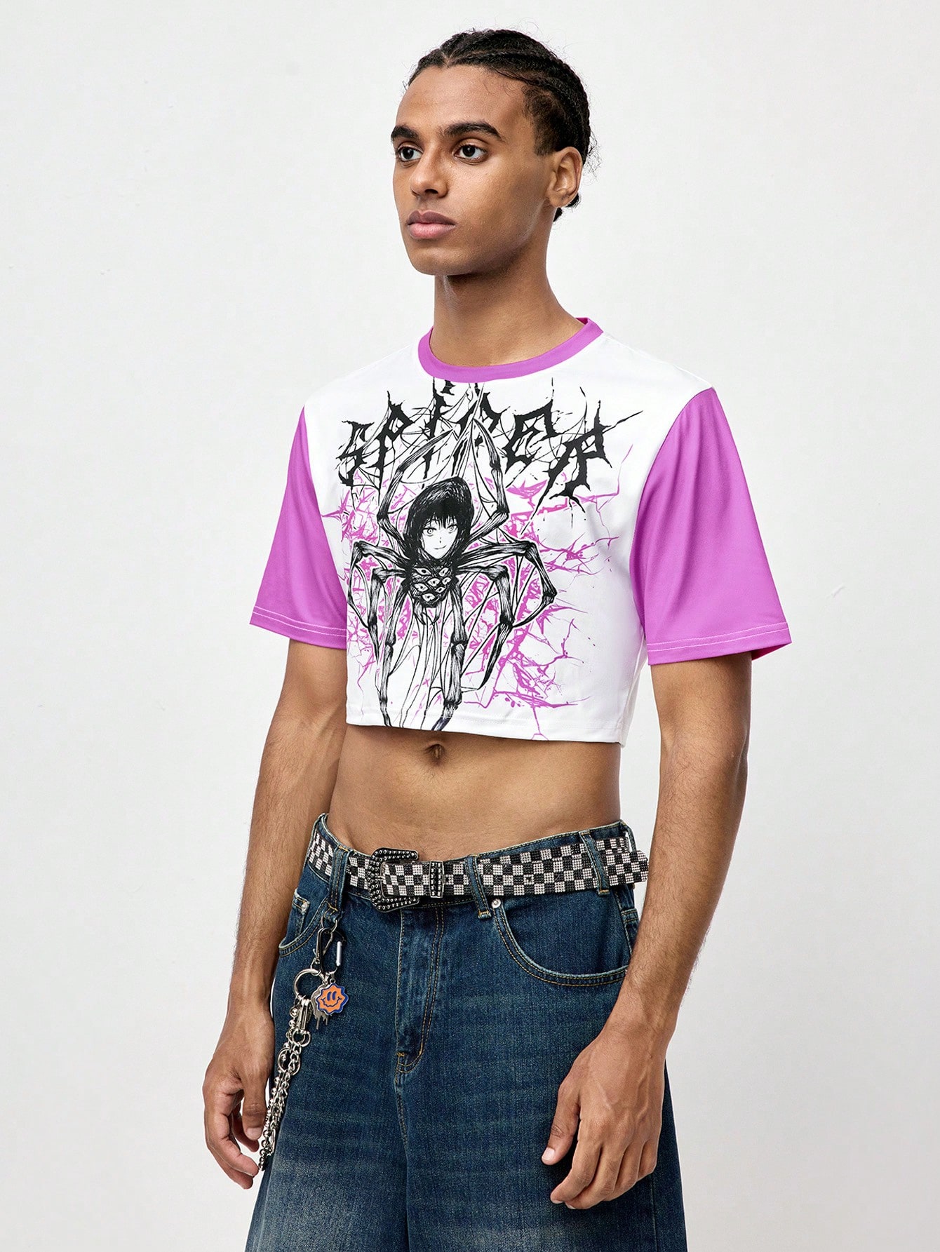 ROMWE Avant Men's Summer Letter & Cartoon Character Printed Contrast Color Crew Neck Short Sleeve Cropped Casual T-Shirt, School