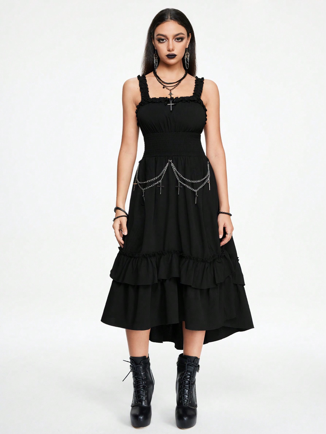 Goth Dark Vampire Gothic Cross Chain Decor Asymmetrical Hem Design Women Sleeveless Dress