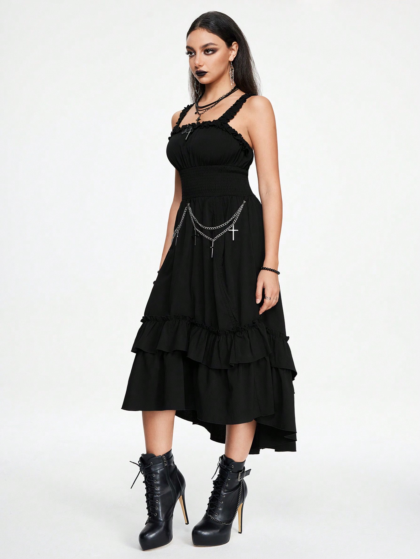 Goth Dark Vampire Gothic Cross Chain Decor Asymmetrical Hem Design Women Sleeveless Dress