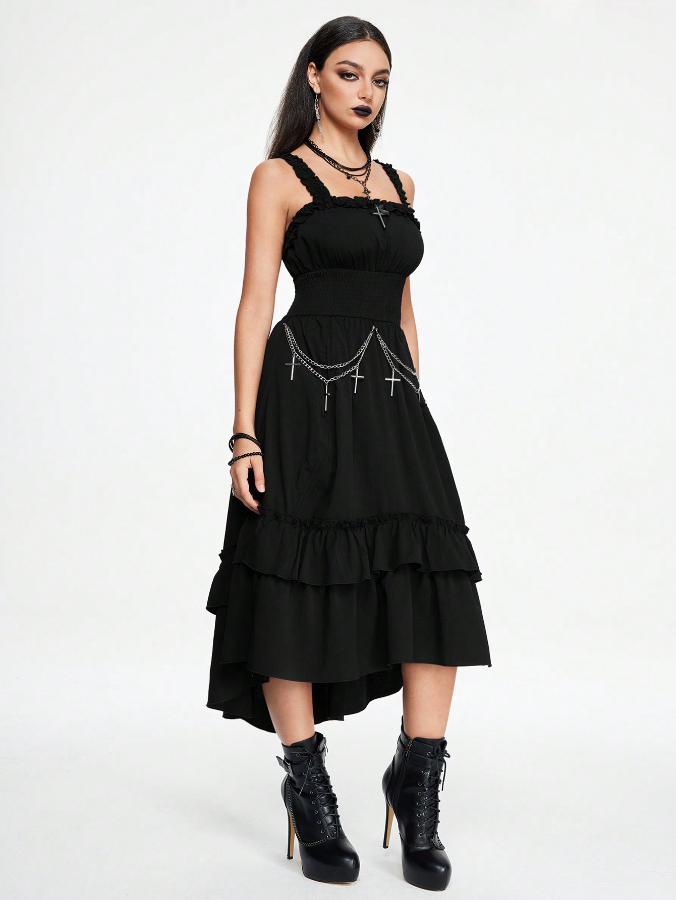 Goth Dark Vampire Gothic Cross Chain Decor Asymmetrical Hem Design Women Sleeveless Dress