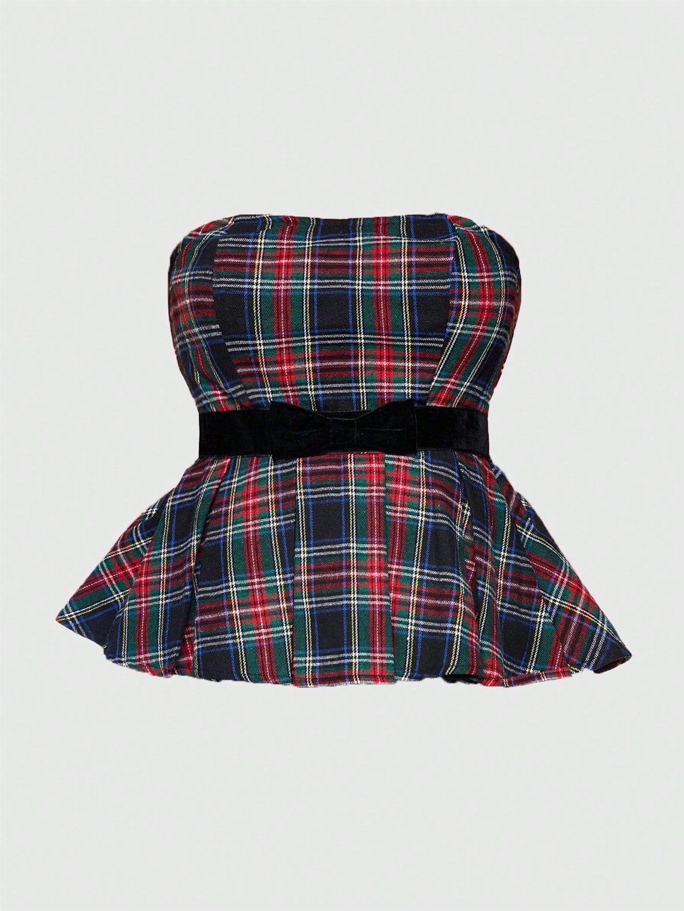 Academia College Style Plaid Ribbon Bow Tie Top With Pleated Hem For Women, School