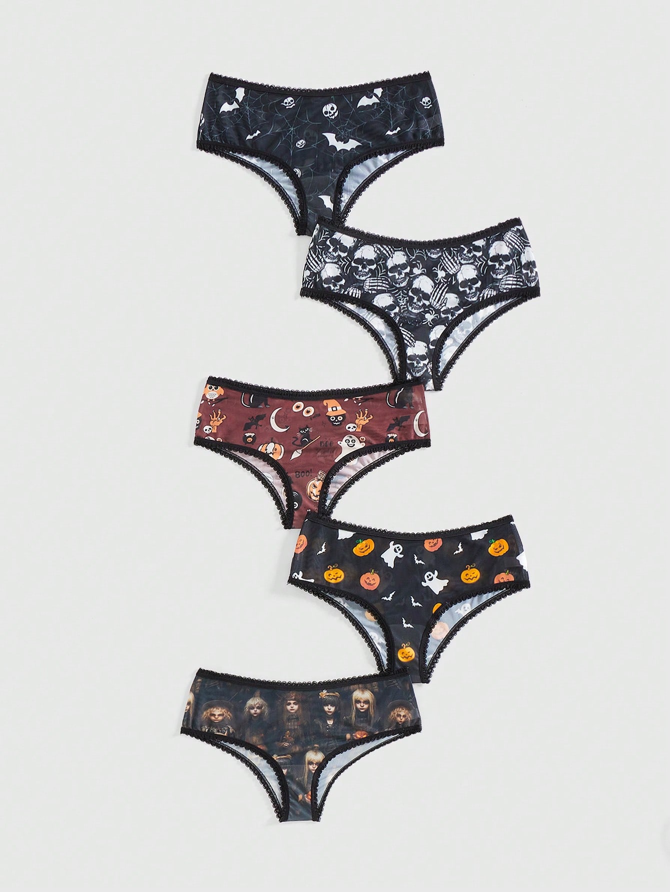 Goth 5pcs/Set Gothic Halloween Skull, Bat, Ghost, Pumpkin, Spider Web, Moon Print Underwear Triangle Panty