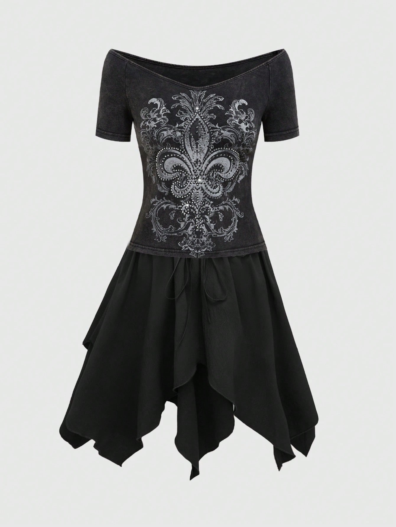 Fairycore Off Shoulder Lily Flower & Vine Printed T-Shirt With Snowflake Hot Drilling