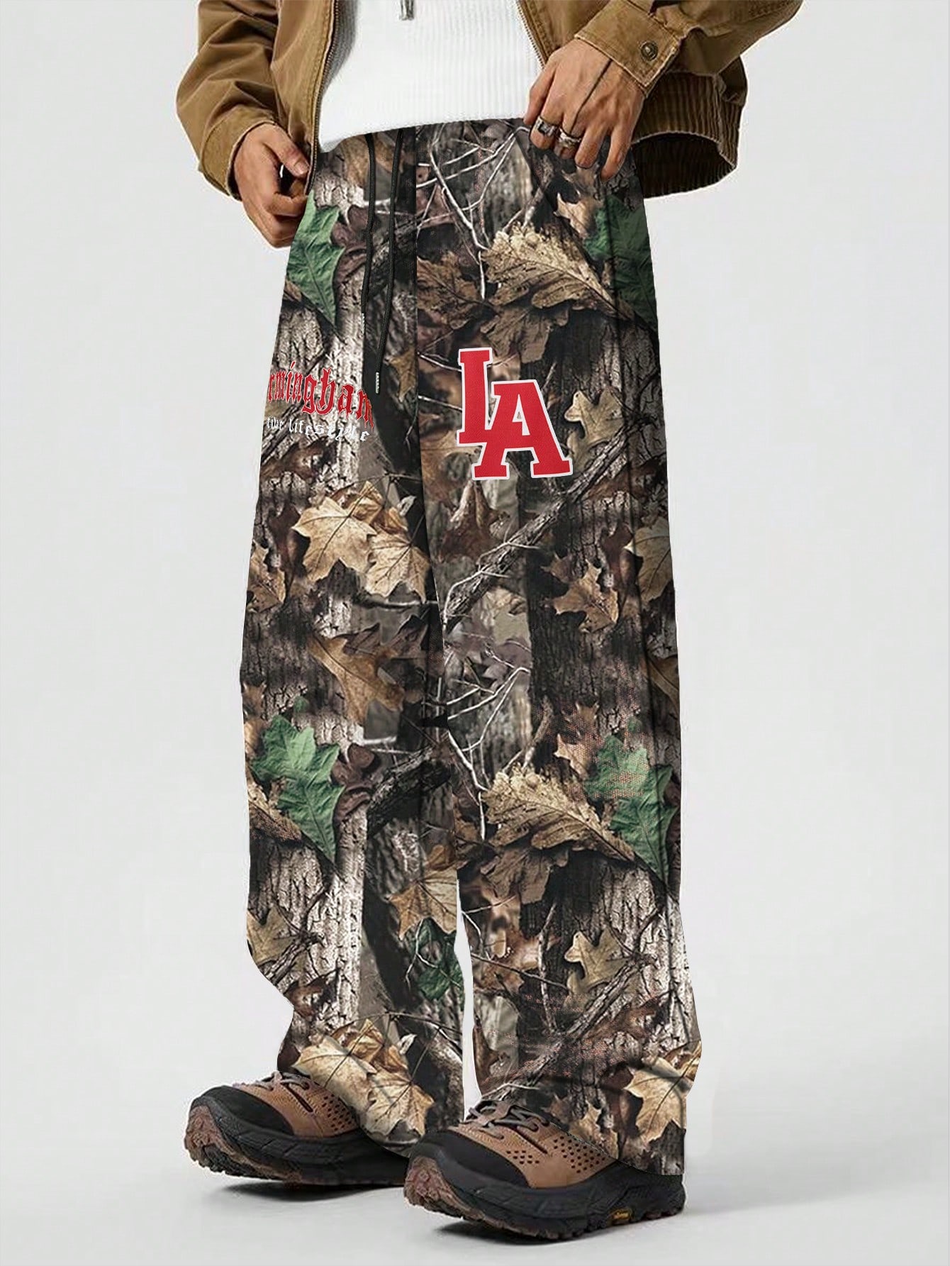 Street Life Men's Letter & Leaf Print Drawstring Waist Relaxed Straight Leg Casual Camo Pants