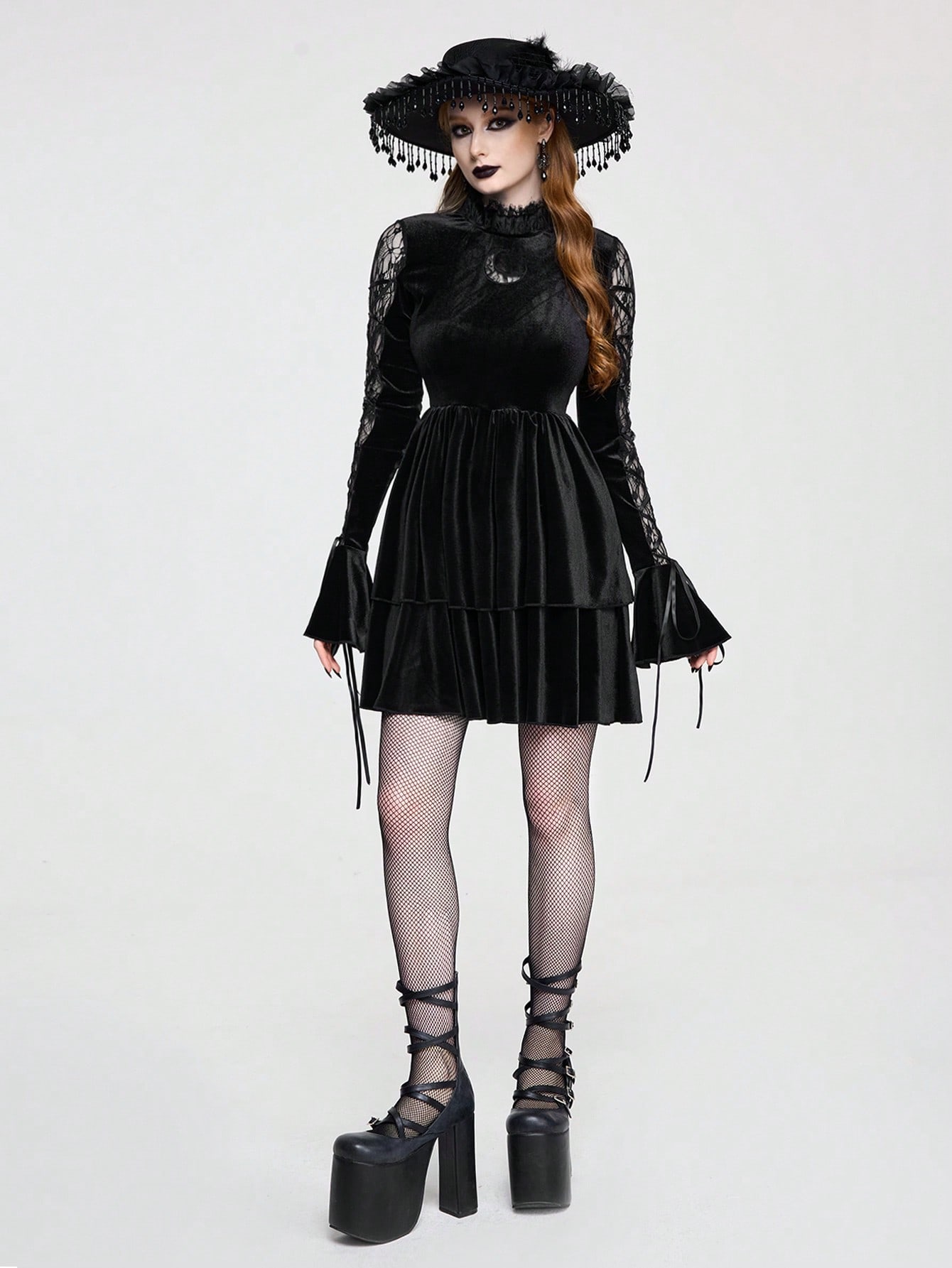 Goth Retro Gothic Lace Patchwork Criss-Cross Flare Sleeve Velvet Cake Skirt Dress For Women