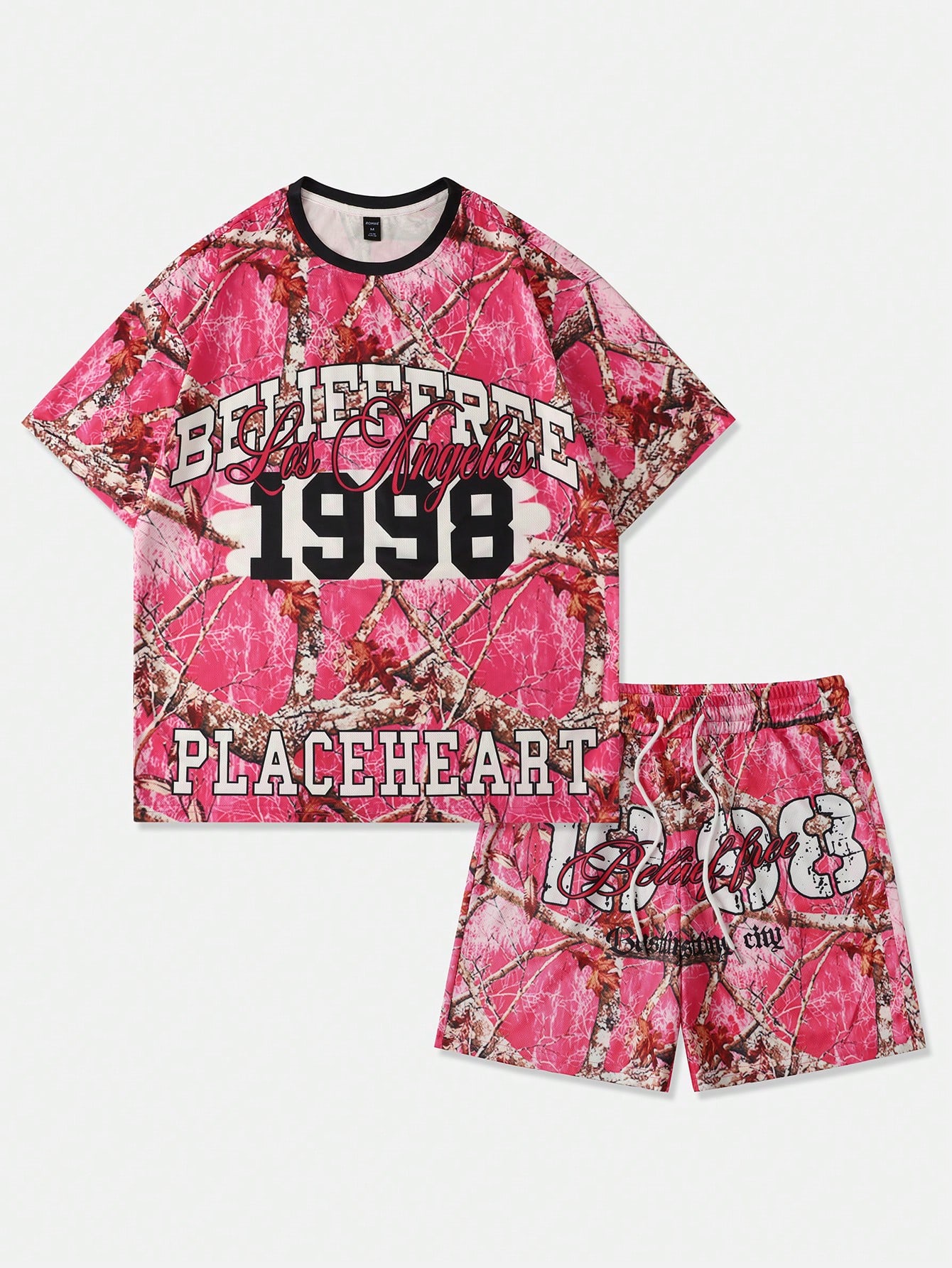 Street Life Men's Summer Fashion Dead Tree Branch Printed T-Shirt Shorts Set, School