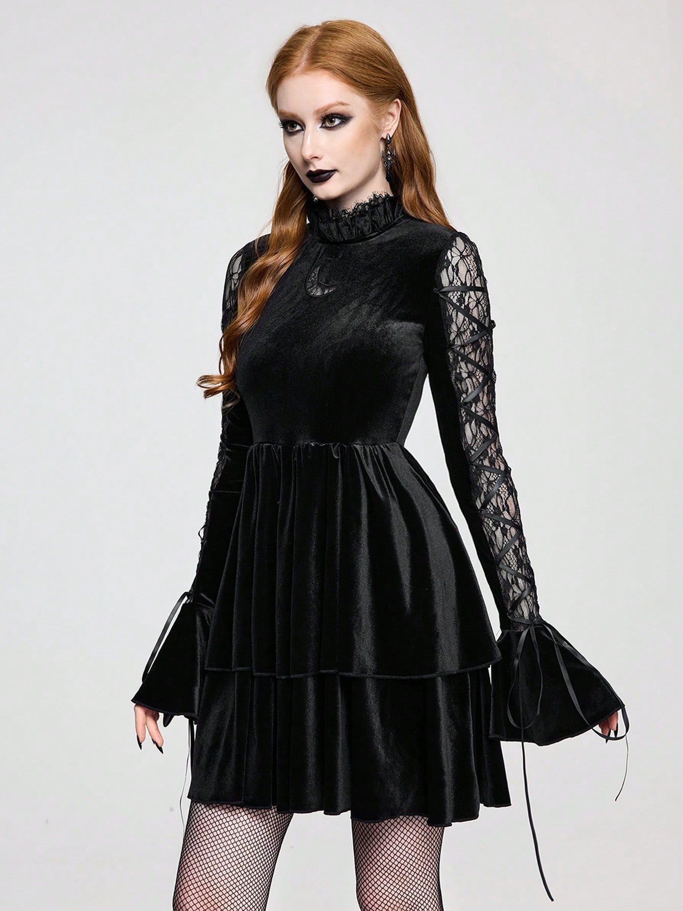 Goth Retro Gothic Lace Patchwork Criss-Cross Flare Sleeve Velvet Cake Skirt Dress For Women